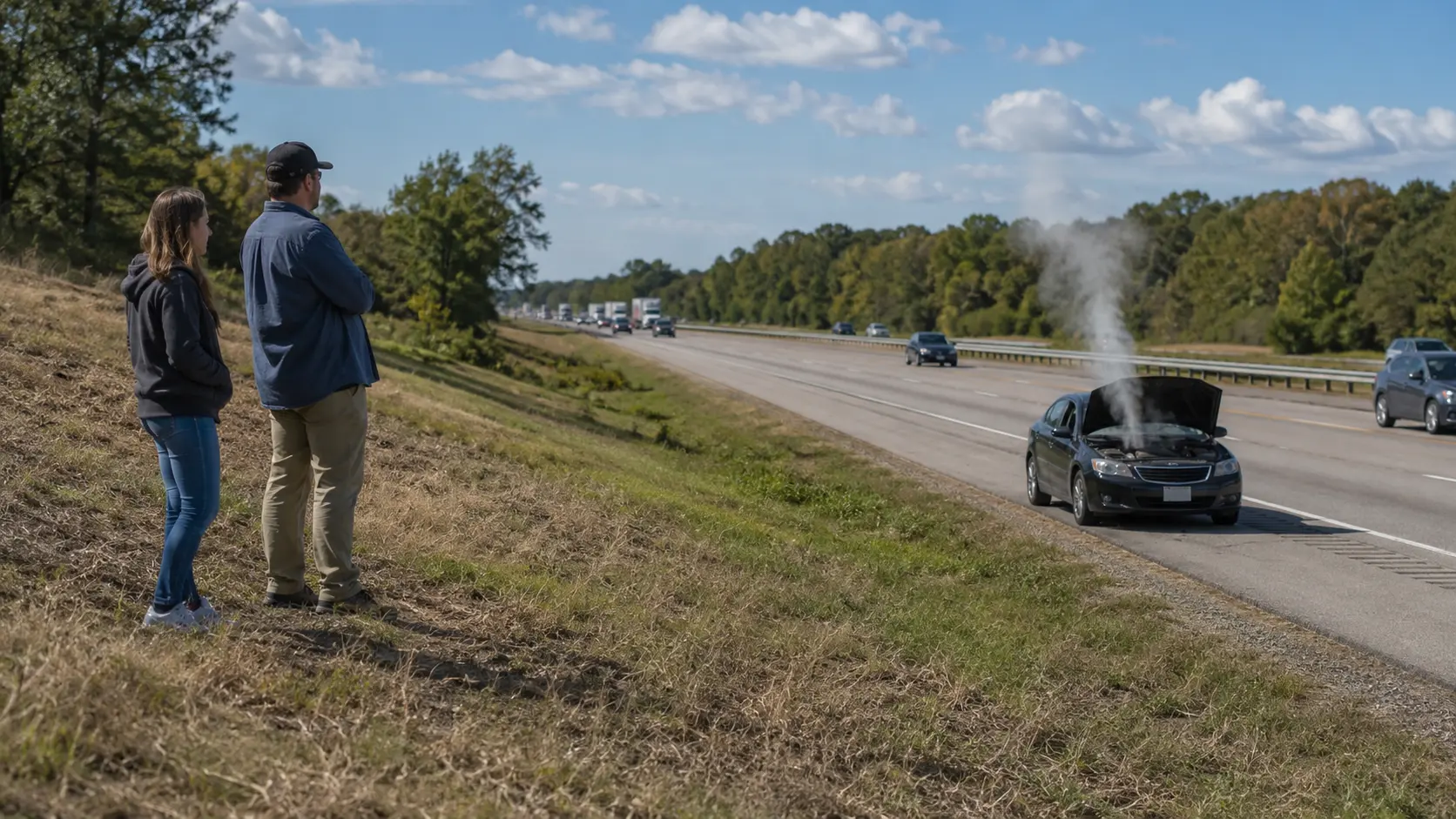 Car pulled over on highway shoulder with engine compartment on fire and driver evacuating safely away from vehicle on roadway