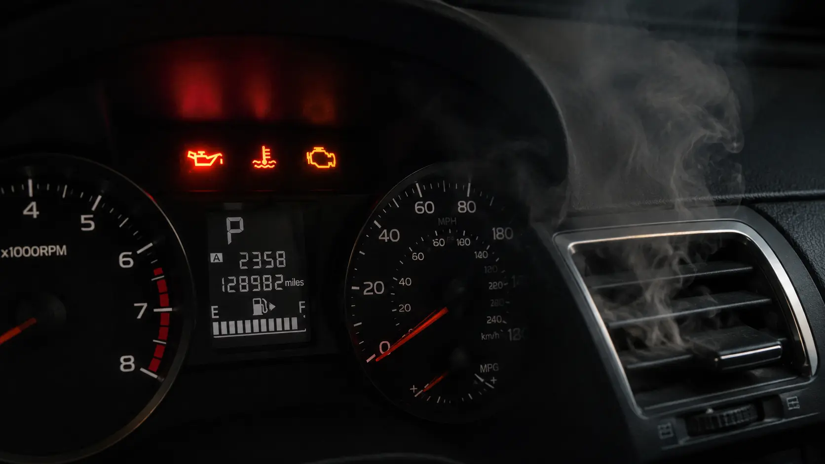 Car dashboard warning lights illuminated with smoke visible from engine vents &mdash; early warning signs of vehicle fire that drivers should not ignore