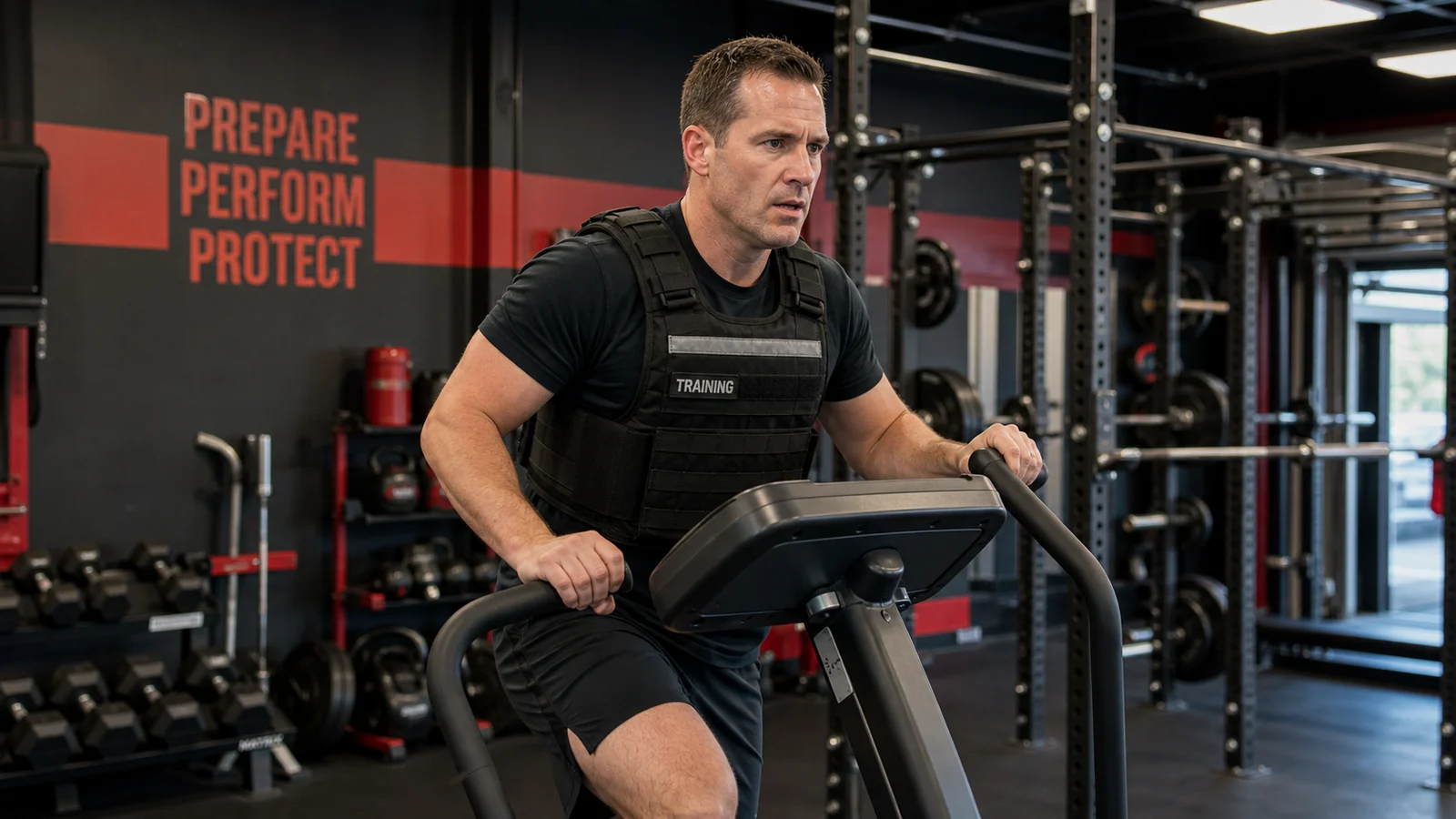 Photorealistic photo of a determined mid-30s career changer training for the CPAT firefighter physical agility test &mdash; wearing athletic training gear with a weighted training vest, climbing a stair machine in a gym setting, focused intense expression, free weights and training equipment visible in background, realistic editorial fitness photography style, warm gym lighting, communicates mature professional dedication to physical preparation