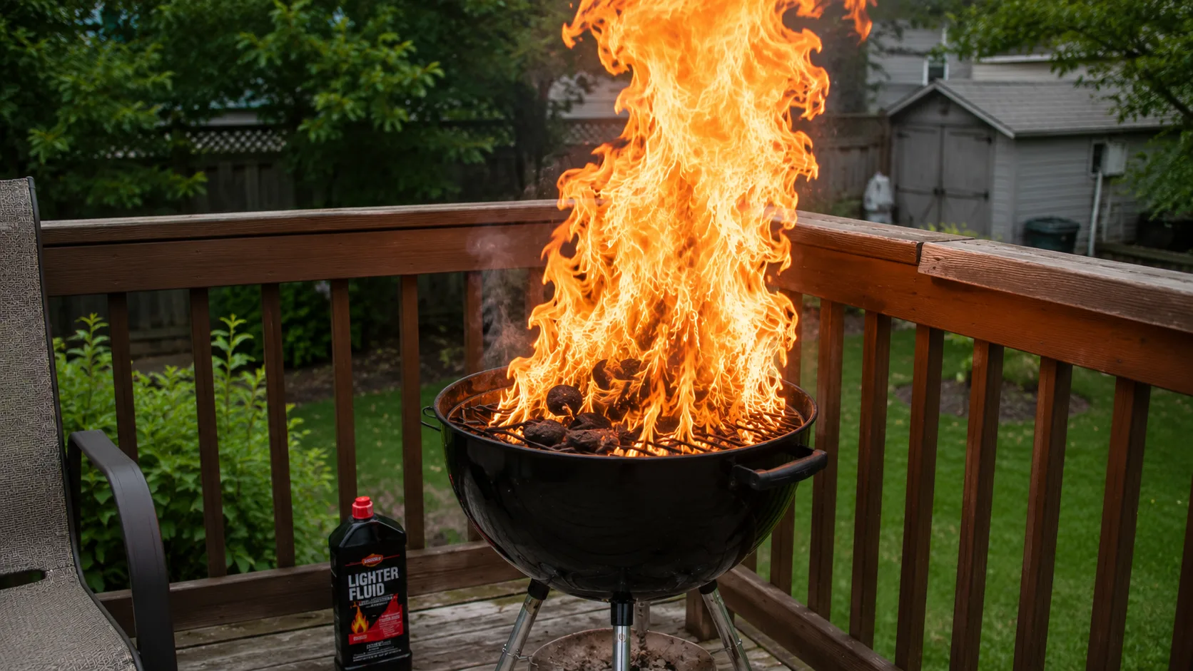 Charcoal grill with excessive flames from lighter fluid application showing dangerous flare-up, grill placed on wooden deck &mdash; illustrating two of the most common charcoal grill fire hazards: overuse of lighter fluid and combustible surface placement