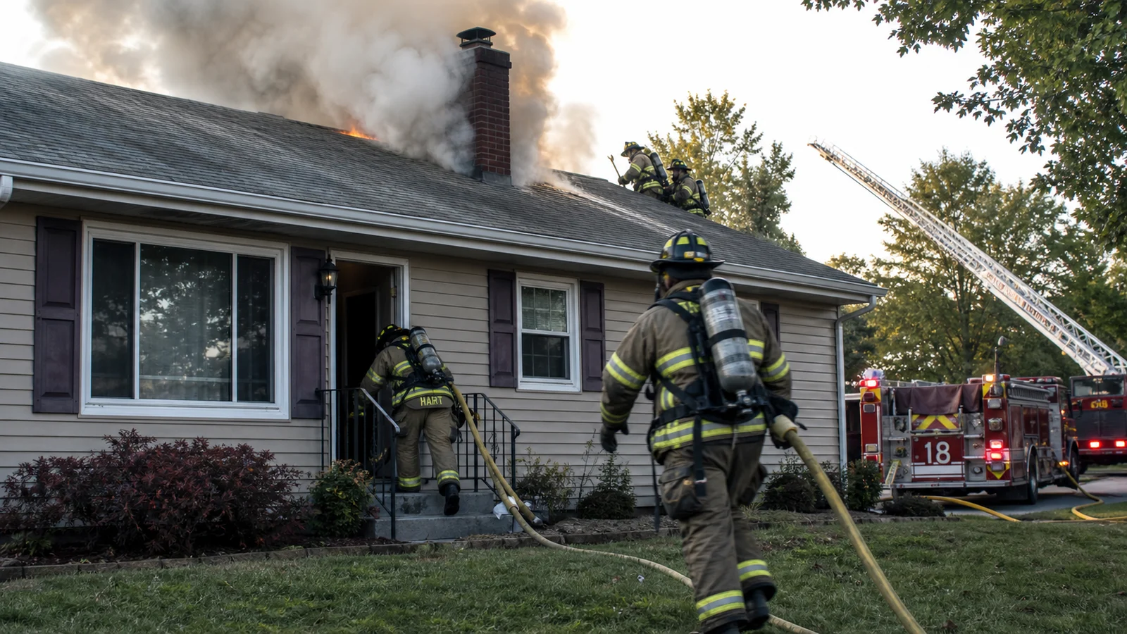 Photorealistic photo of firefighters at a residential house fire where a chimney fire has extended into the attic structure &mdash; smoke showing from both the chimney top and along the roofline near the chimney, indicating the fire has spread beyond the flue into the roof framing, one crew advancing a hoseline toward the front door while a roof crew in the background prepares to open the roof near the chimney, fire engine and aerial in the background, realistic documentary fire service photography style