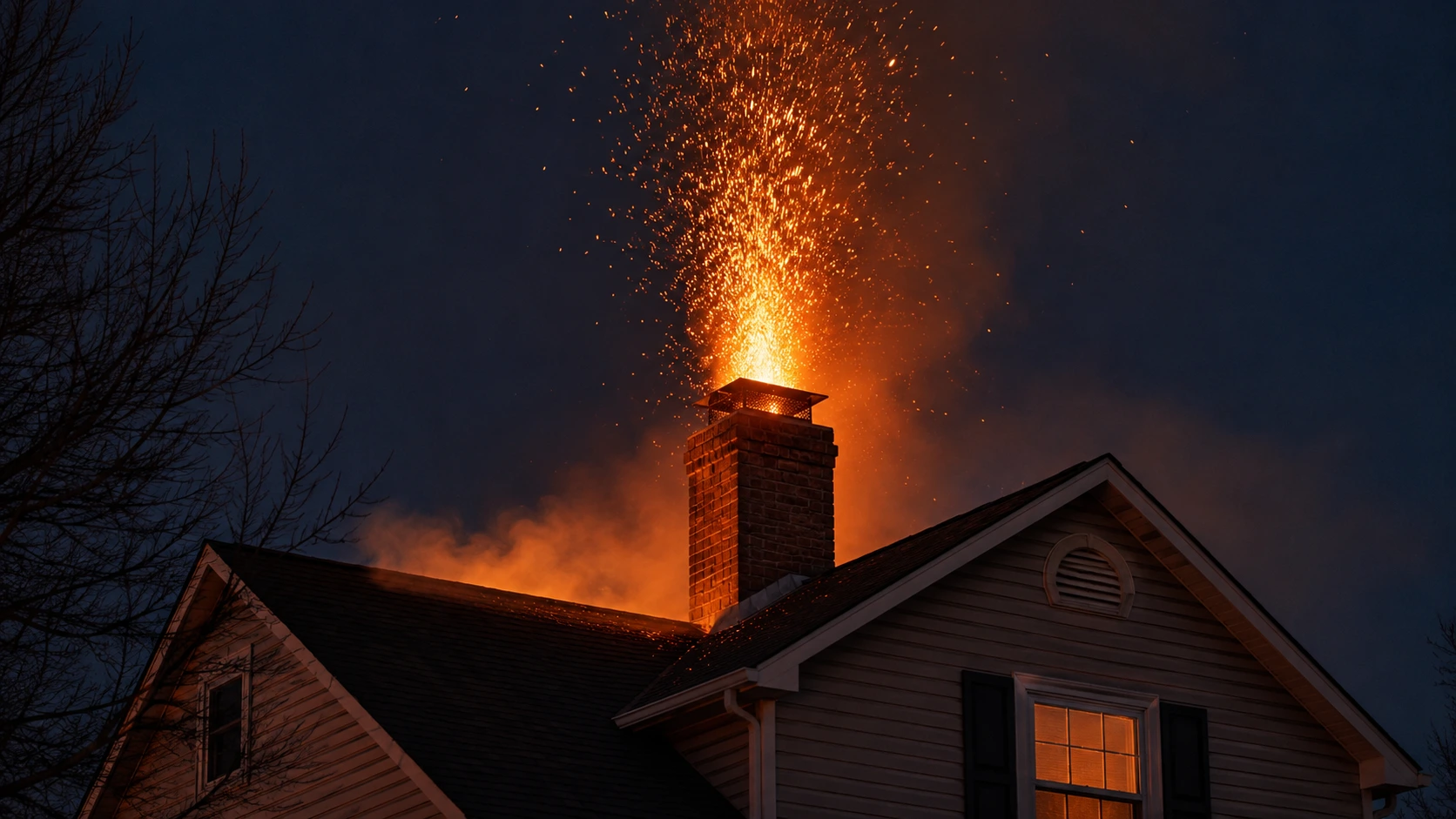 Chimney fire at night showing intense sparks and flames shooting from chimney top above roofline of residential house &mdash; visible exterior sign of active chimney fire