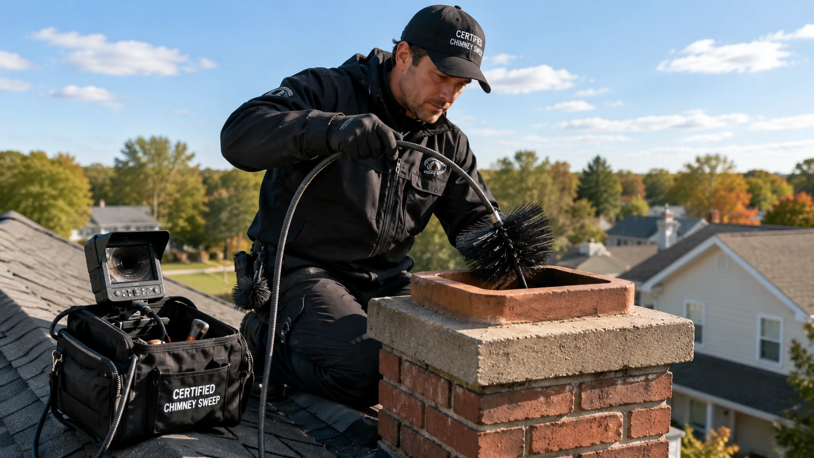 Certified chimney sweep using professional inspection camera and brush inside residential chimney flue checking for creosote buildup and blockages before fireplace season