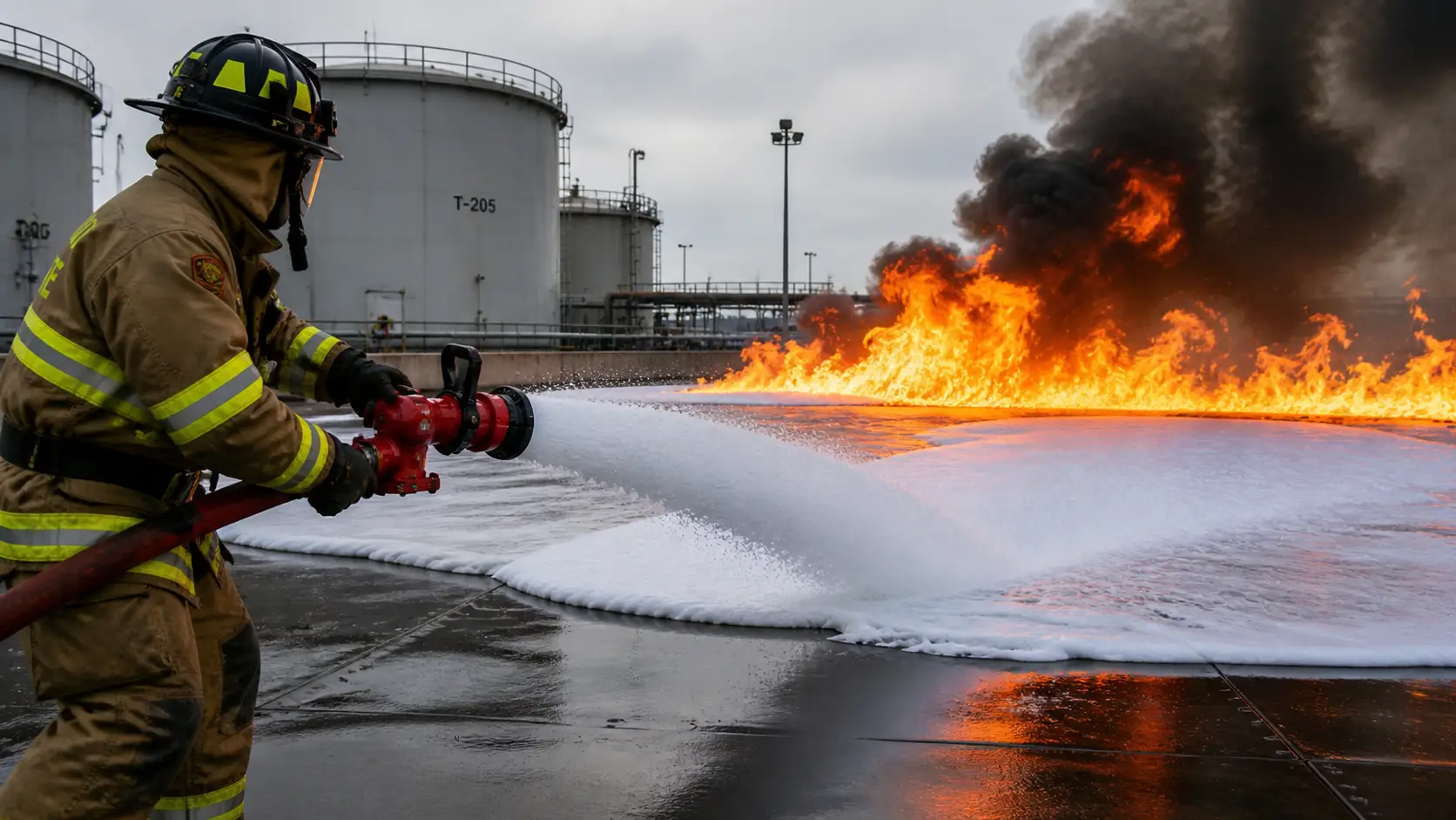 Firefighter applying Class B foam blanket to flammable liquid fire at fuel storage facility using monitor nozzle with foam bank-down technique