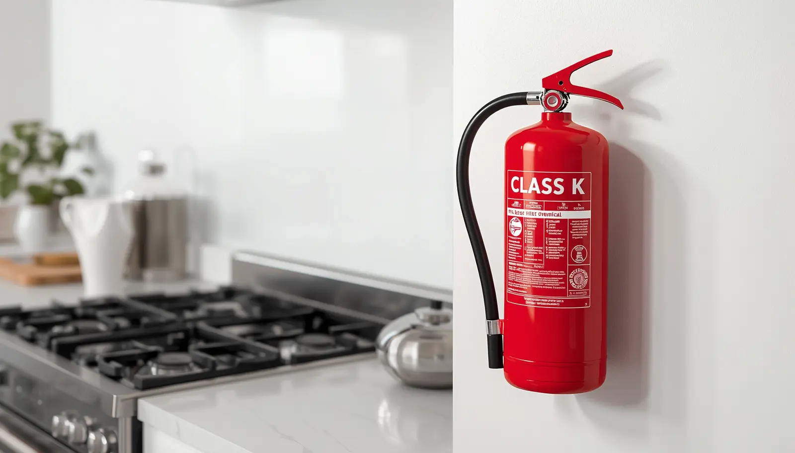 Class K wet chemical fire extinguisher mounted in kitchen next to stove &mdash; correct extinguisher type for grease and cooking oil fires