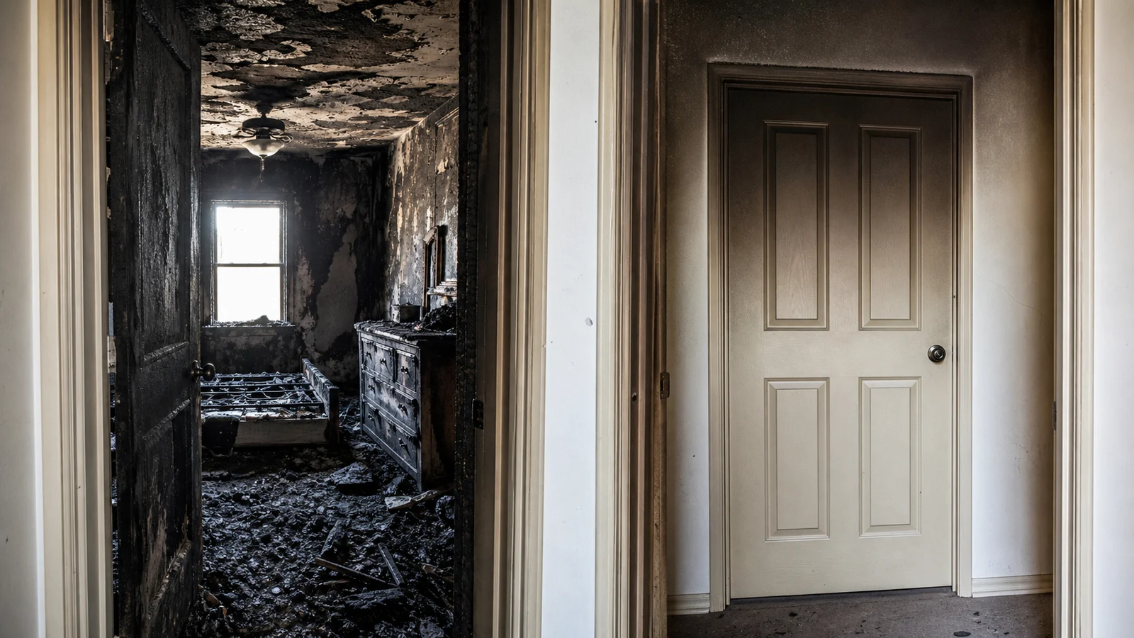 Photorealistic photo showing a side-by-side view inside a residential hallway after a fire &mdash; on one side a room with a door that was open during the fire, showing severe fire and heat damage throughout the room, on the other side a room with a closed door showing the door intact and only smoke damage, demonstrating the dramatic protection a closed door provides to occupants, realistic documentary fire investigation photography
