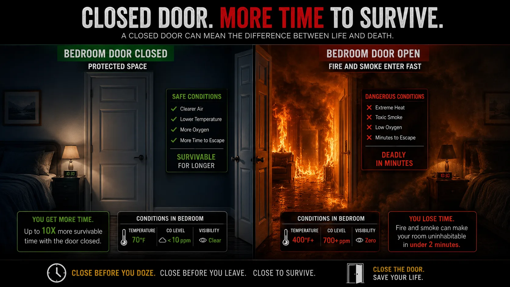 Split image showing bedroom with closed door maintaining survivable conditions versus open doorway with fire and smoke from adjacent room illustrating time difference