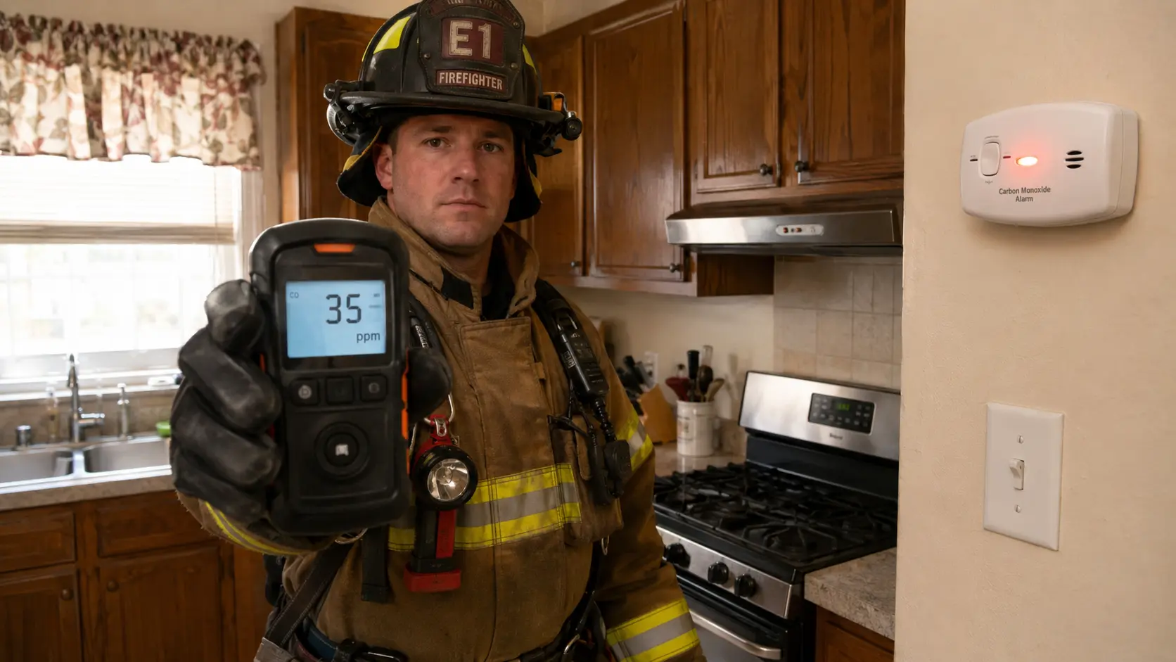 Photorealistic photo of a firefighter in turnout gear holding a handheld CO monitor displaying a reading of 35 ppm inside a residential kitchen, a CO alarm detector visible on the wall behind the firefighter showing its alarm light active, a gas stove visible in the background &mdash; showing the typical residential CO alarm response where the monitor confirms elevated CO concentration and the source investigation begins, realistic kitchen setting