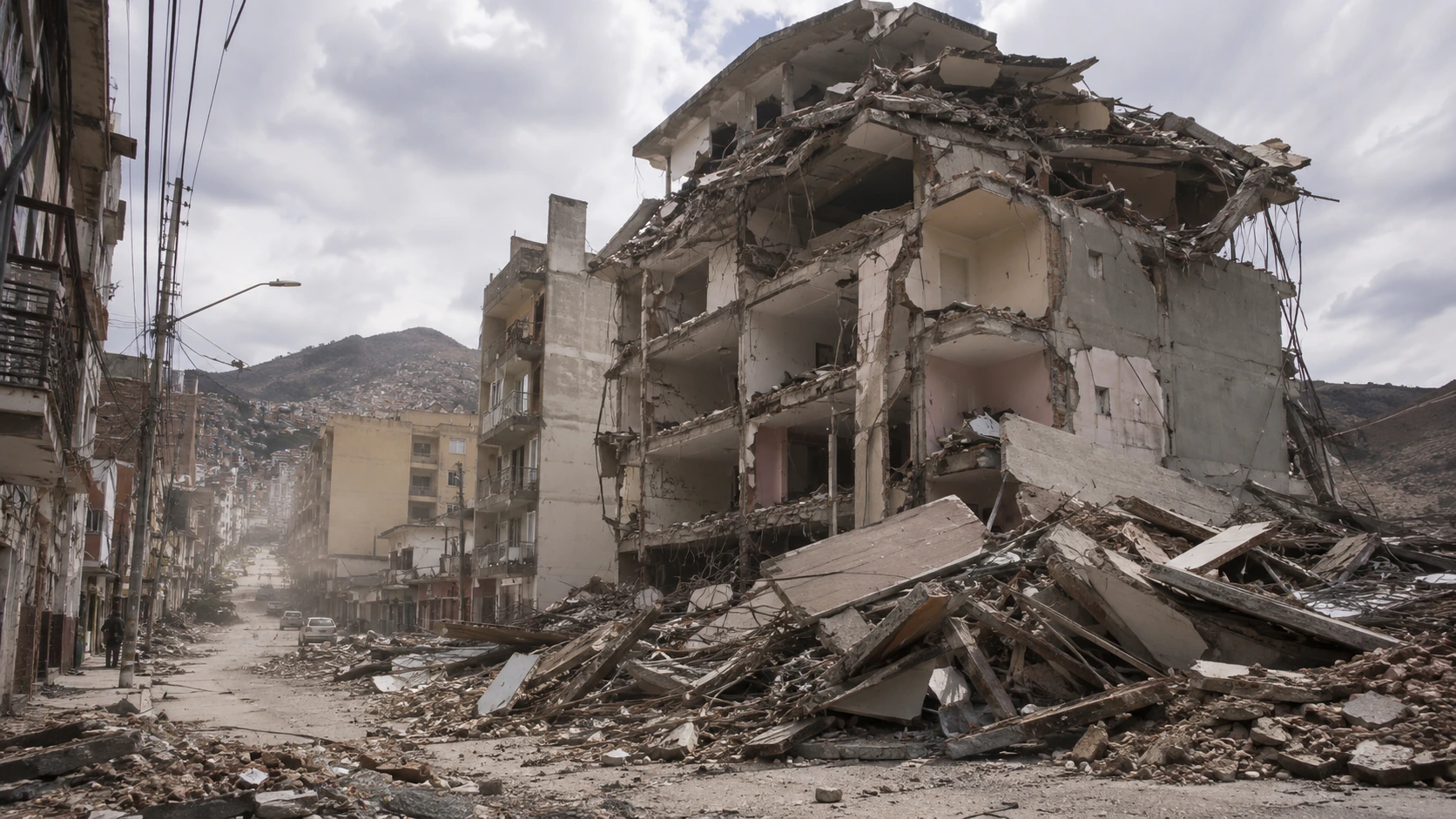 Collapsed concrete building with rubble in the street after the Colombia earthquake