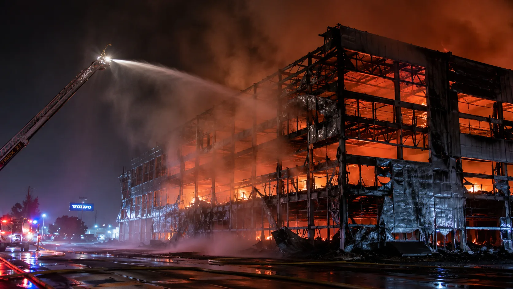 Exterior of a commercial warehouse fire with firefighters operating defensive hose streams from the exterior, the steel frame of the building visible through broken panels with fire visible inside &mdash; showing the exterior defensive posture used when structural steel is compromised by fire, with interior operations suspended due to collapse risk