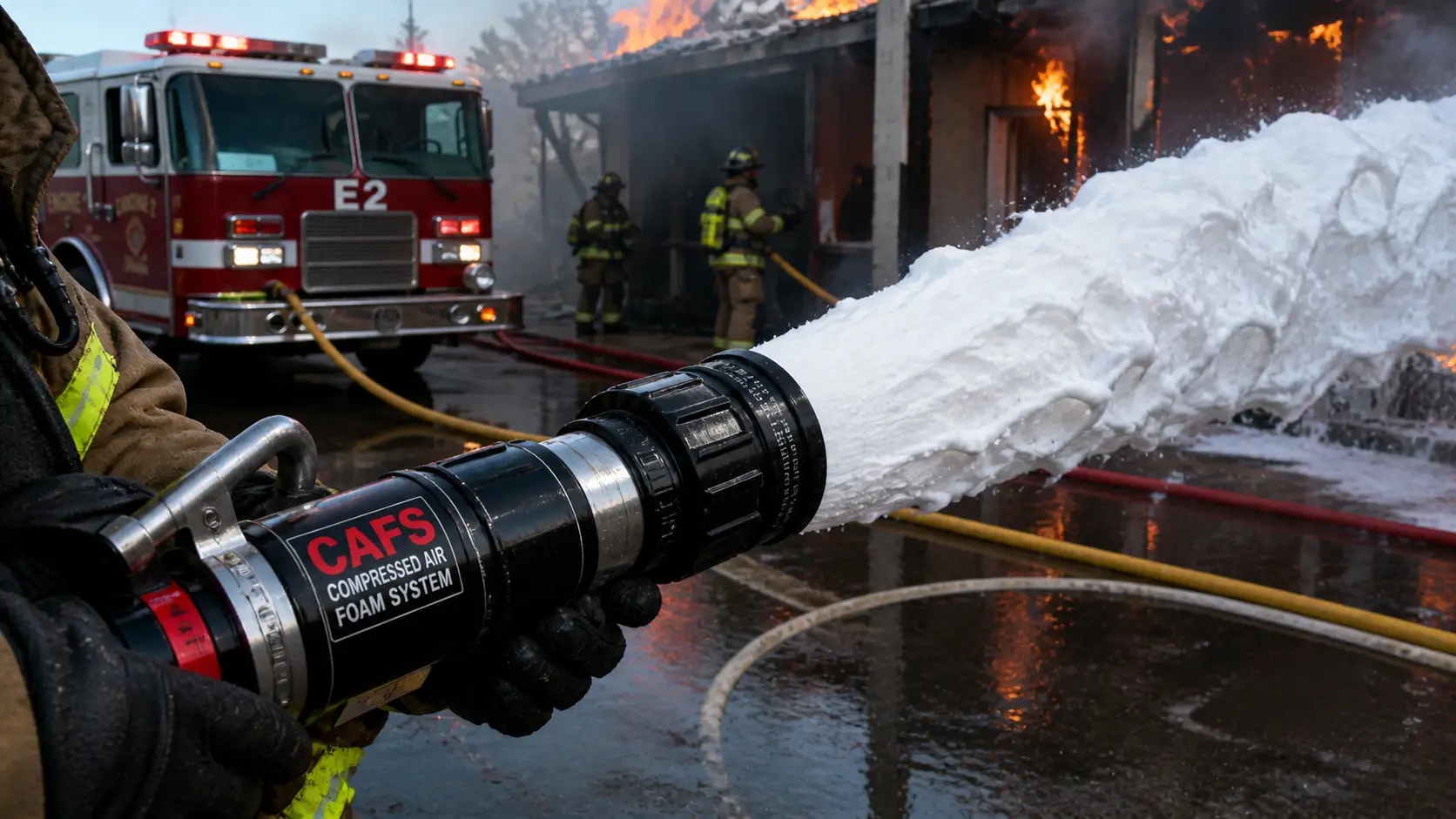 CAFS-equipped fire apparatus with compressed air foam discharge showing stiff white foam stream being applied to structural fire during overhaul operations
