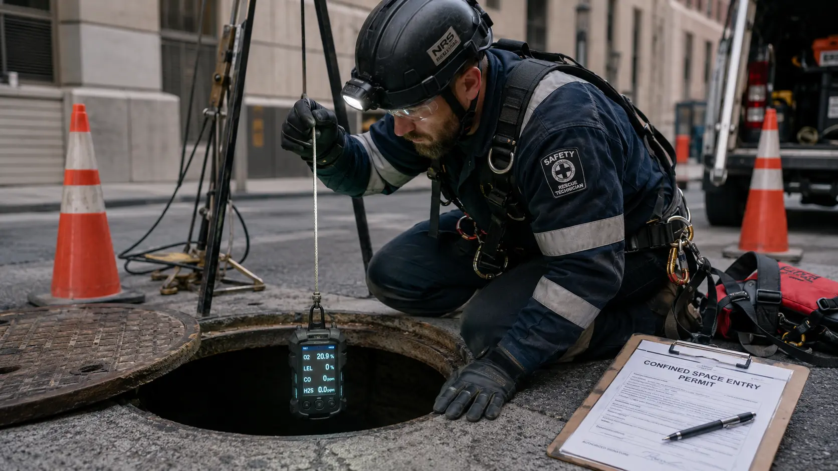 Photorealistic photo of a confined space rescue technician in full PPE crouching at the edge of an open manhole in a city street, lowering a multi-gas atmospheric monitor on a rope into the dark opening before entry &mdash; the monitor's display showing readings for oxygen percentage, LEL flammable gas, carbon monoxide, and hydrogen sulfide, the technician's face illuminated by the display light, safety cones and a confined space permit visible on the ground beside them