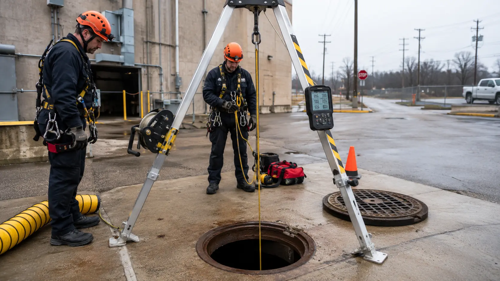 Photorealistic photo of a confined space rescue setup at an open manhole in a city street &mdash; a yellow aluminum rescue tripod positioned directly over the manhole opening with its three legs spread on the pavement, a mechanical rescue winch attached to the apex, retrieval line running down into the dark space below, safety cones establishing a perimeter, a multi-gas monitor display unit clipped to one tripod leg showing atmospheric readings, rescue technicians in orange PPE with harnesses visible in the background