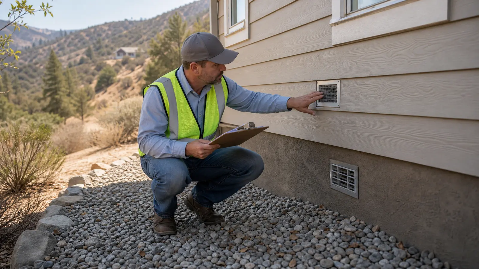 Insurance inspector or IBHS assessor in safety vest examining a home's exterior, checking ember-resistant vents and cleared vegetation zone, clipboard in hand, dry California hillside setting