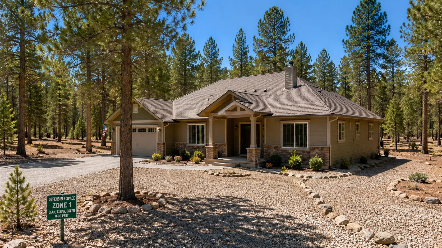 Well-maintained defensible space Zone 1 around residential home showing cleared vegetation, gravel ground cover, trimmed trees away from structure and clean roof and gutters