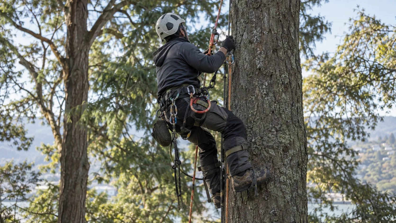 A professional tree climber using ropes and harness to reach high into a tree canopy