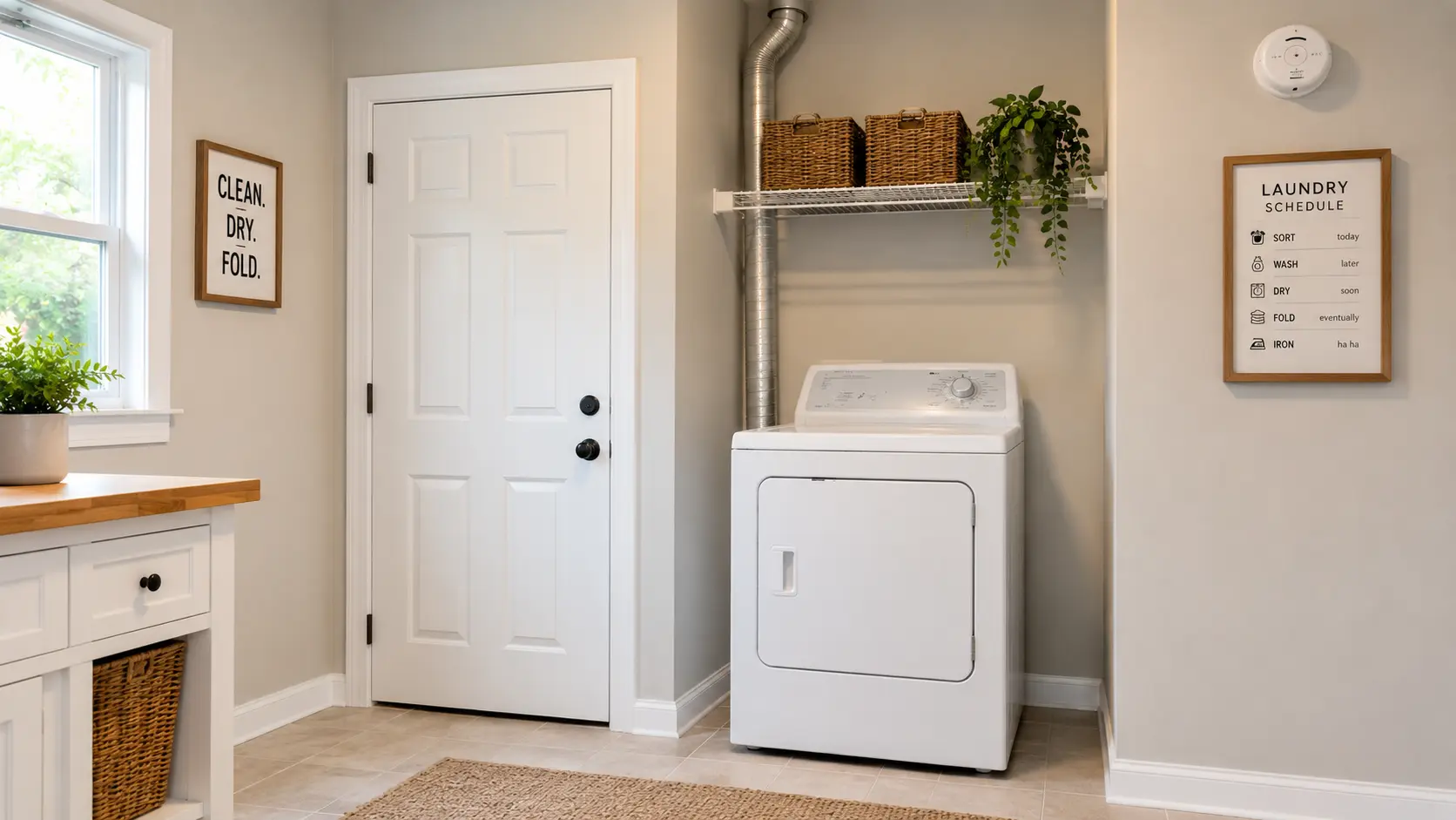 Clean laundry room showing correct dryer setup with rigid metal vent duct, clear space around dryer, smoke alarm visible on wall, demonstrating fire prevention habits