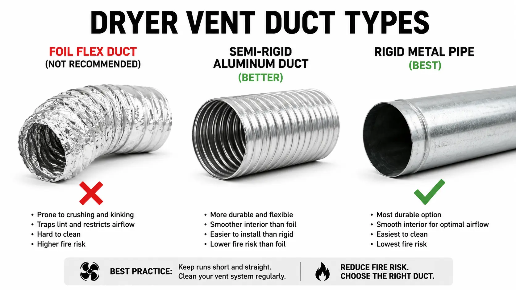 Three types of dryer vent duct side by side: dangerous flexible foil accordion duct, semi-rigid aluminum duct, and safe rigid metal duct for comparison