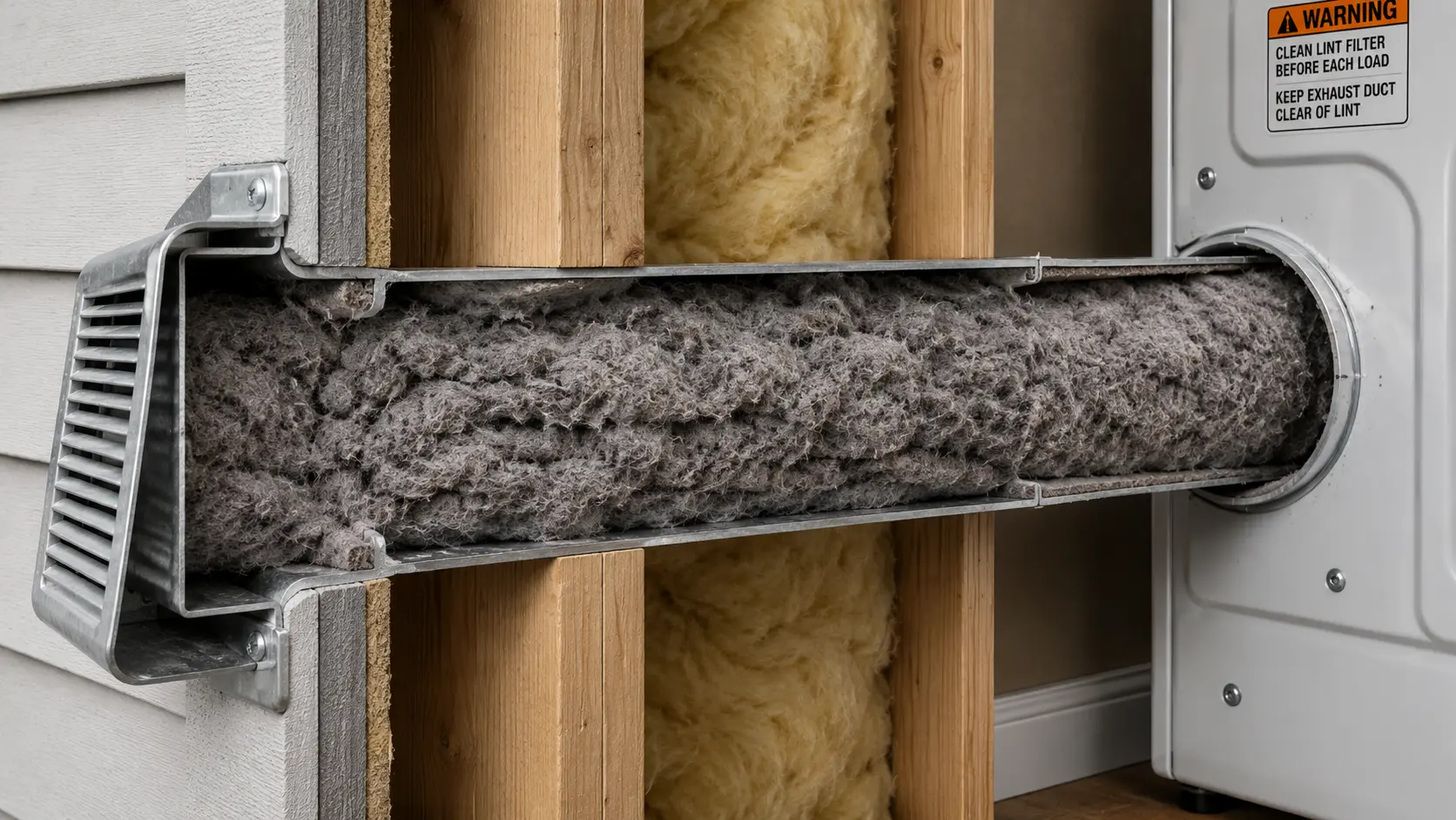 Cross-section view of a clogged dryer vent duct packed with accumulated lint buildup creating a fire hazard in laundry room wall