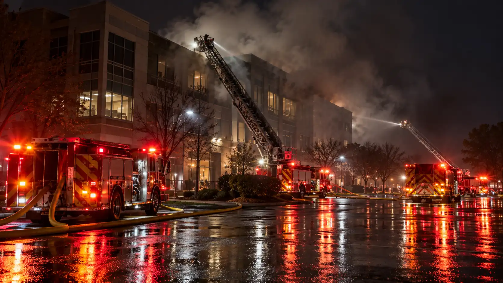 Fire apparatus and emergency lights at night outside a large commercial building fire