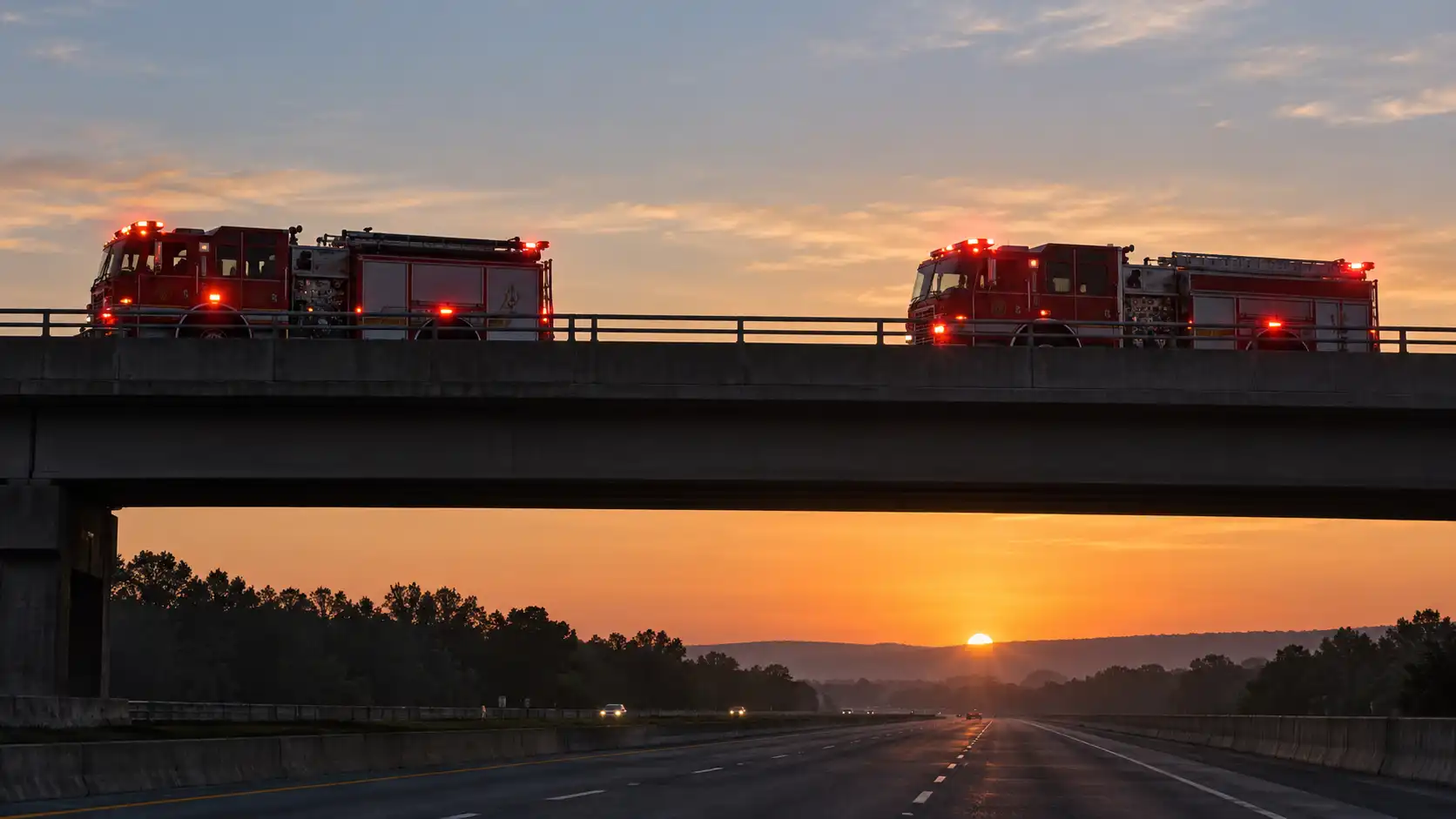 Fire engines parked on a highway overpass at dawn with emergency lights on in tribute