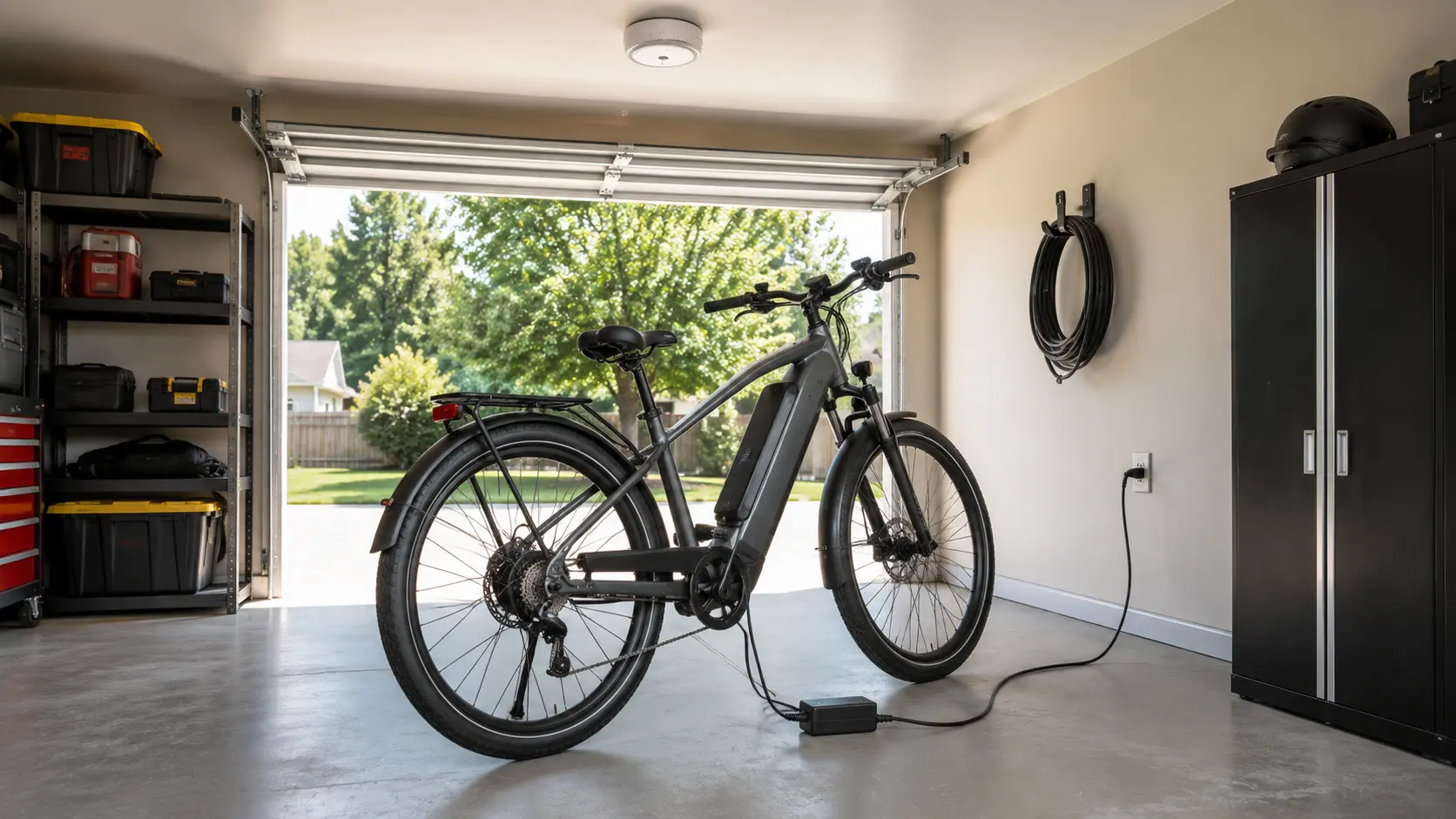 E-bike with battery charging in open garage with door open, smoke alarm visible, battery away from walls and combustible items showing correct charging setup