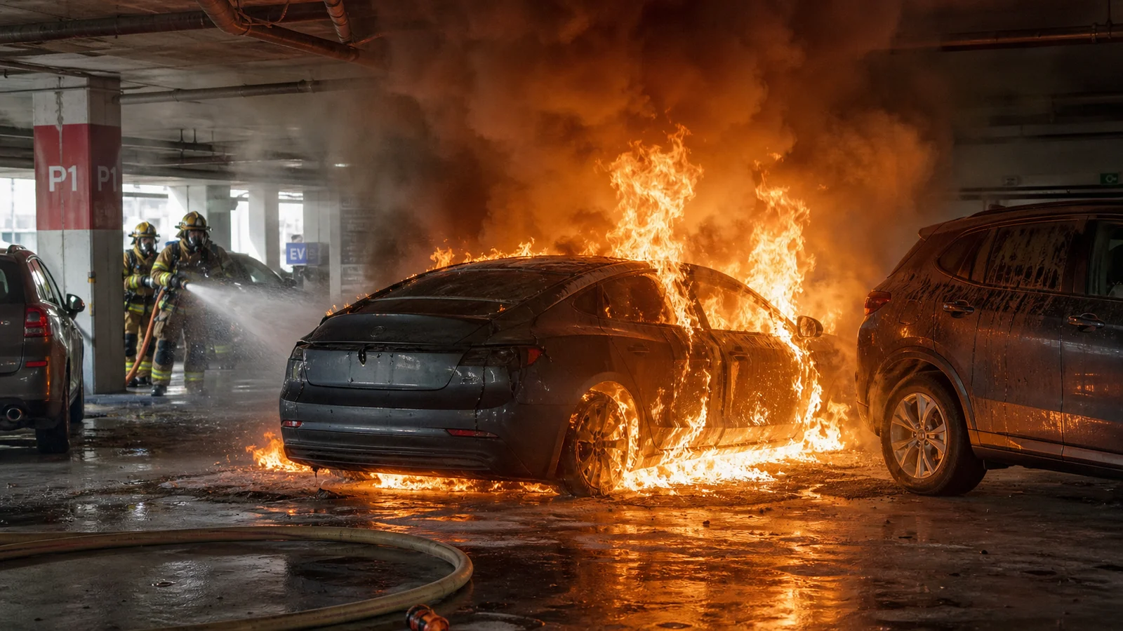 Photorealistic photo of an electric vehicle in a parking garage engulfed in fire from a lithium-ion battery thermal runaway event &mdash; intense white-orange flames and thick acrid smoke visible from the undercarriage and wheel wells of the EV, the concrete floor showing thermal damage, adjacent vehicles beginning to show heat discoloration, firefighters visible at a distance with a large-volume hoseline, realistic documentary fire service photography, dramatic and technically accurate portrayal of EV battery fire characteristics