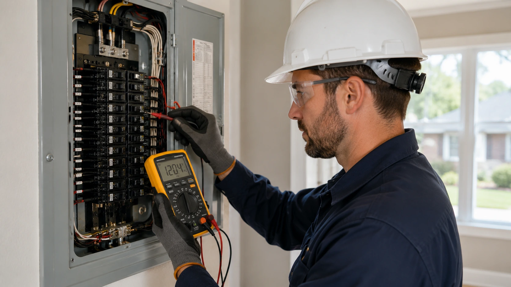 Licensed electrician inspecting residential electrical panel breaker box with voltage meter checking for loose connections and overloaded circuits