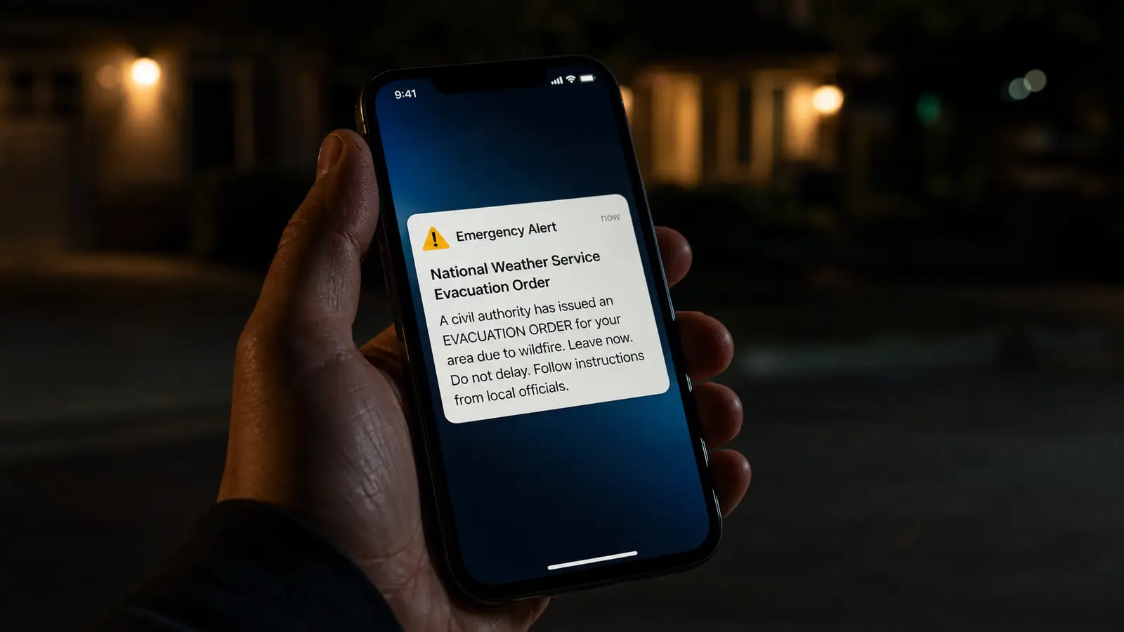 Person's hand holding a smartphone displaying a Wireless Emergency Alert for wildfire evacuation order, screen brightness high against dark background, alert text clearly visible, nighttime setting