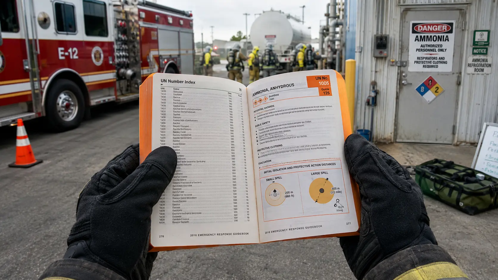 Firefighter using the Emergency Response Guidebook to look up hazardous materials response information.