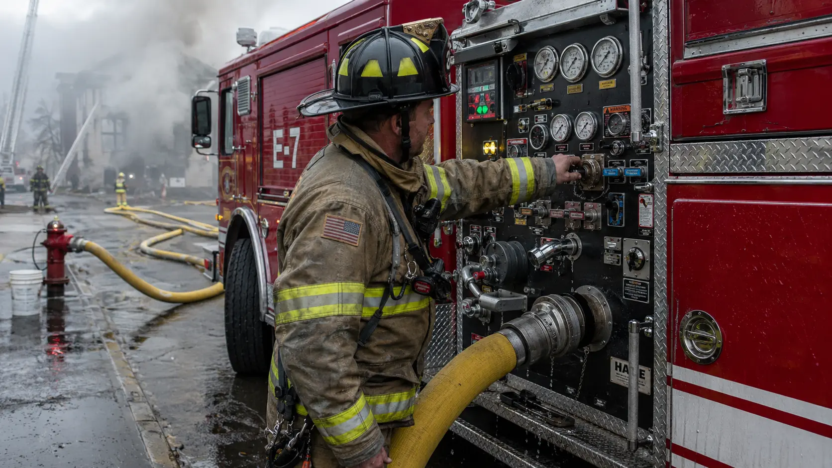Fire engine pump operator standing at the side-mounted pump panel of a red pumper apparatus during a working structure fire, gauges visible showing water pressure readings, supply hose connected to a fire hydrant behind the engine, attack lines pulled and charged extending toward the burning building in the background &mdash; the pump operator's role in maintaining correct water pressure throughout the operation