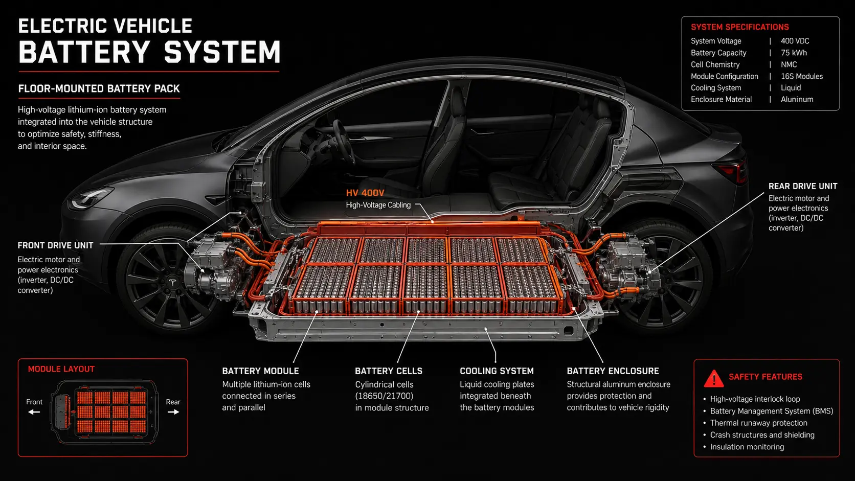 EV lithium-ion battery pack cross-section showing cell modules, orange HV cables and floor-mounted enclosure
