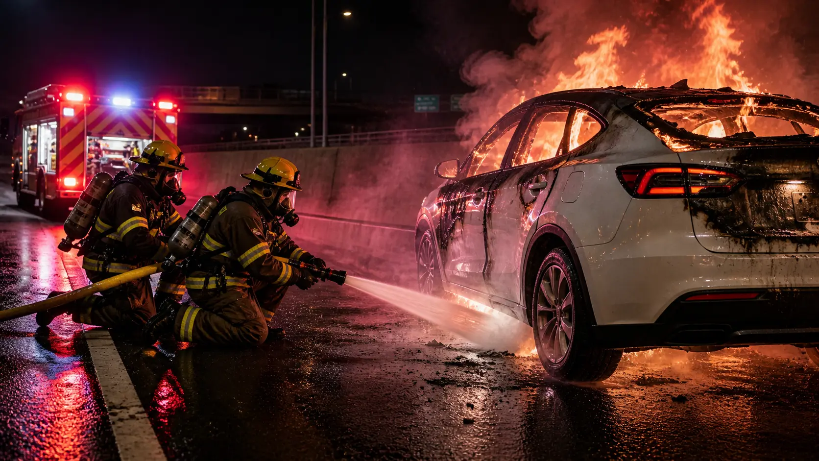 Firefighters applying large volume water streams to burning EV battery from safe side angle at roadway incident