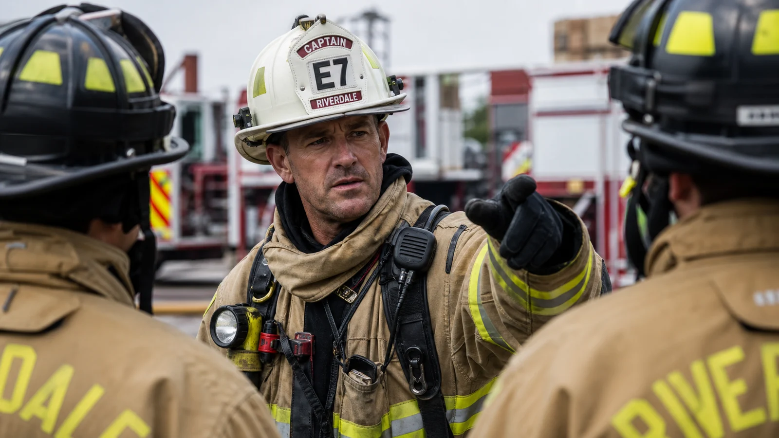 Photorealistic photo of an experienced mid-career firefighter in their late 30s in a captain's white helmet and structural turnout gear &mdash; standing confidently at the scene of a controlled training evolution, directing younger firefighters with calm authority, experienced and weathered face with focused expression, fire apparatus in background, realistic editorial fire service photography style, communicates that age brings experience and leadership value to the fire service