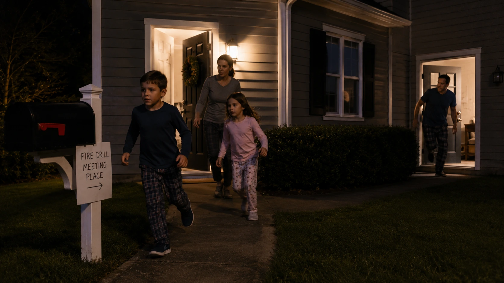 Family conducting home fire escape drill at night &mdash; parents and children exiting house quickly through front door and side door, meeting at mailbox