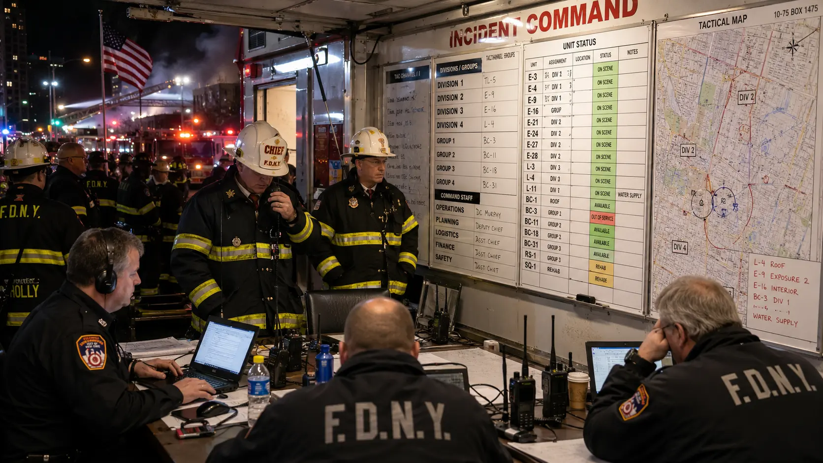 Fire officers coordinating with radios, maps, and accountability boards at an incident command post.