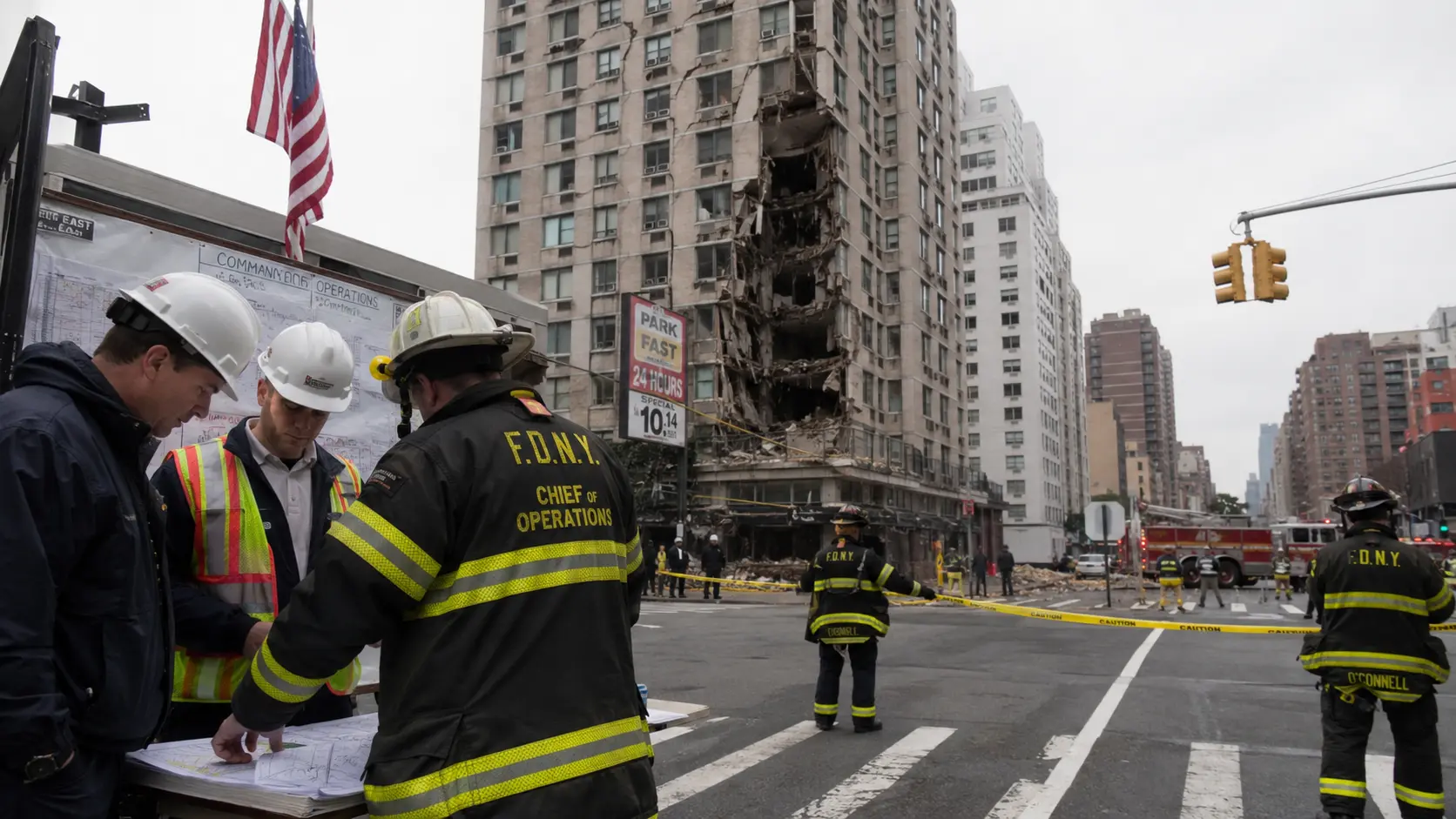 Firefighters establishing a perimeter outside a damaged high-rise building.
