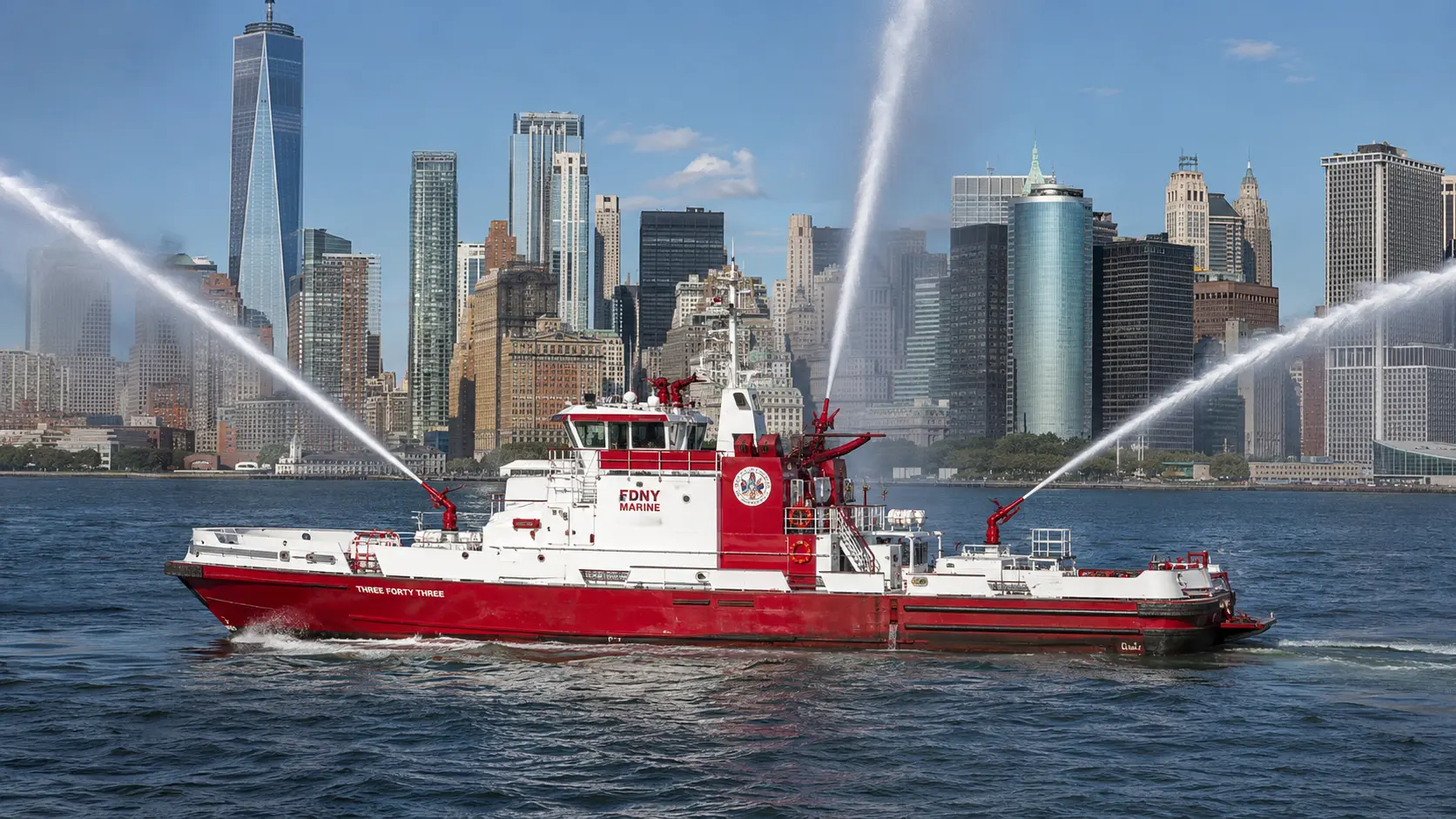 Photorealistic photo of an FDNY fireboat operating in New York Harbor &mdash; a large red and white fireboat with FDNY MARINE markings, multiple water monitors operating simultaneously with large-volume water streams arcing from the elevated monitor positions, the Manhattan skyline visible across the water in the background, realistic fireboat construction showing the deck-mounted monitors, engine room vents, and pilothouse
