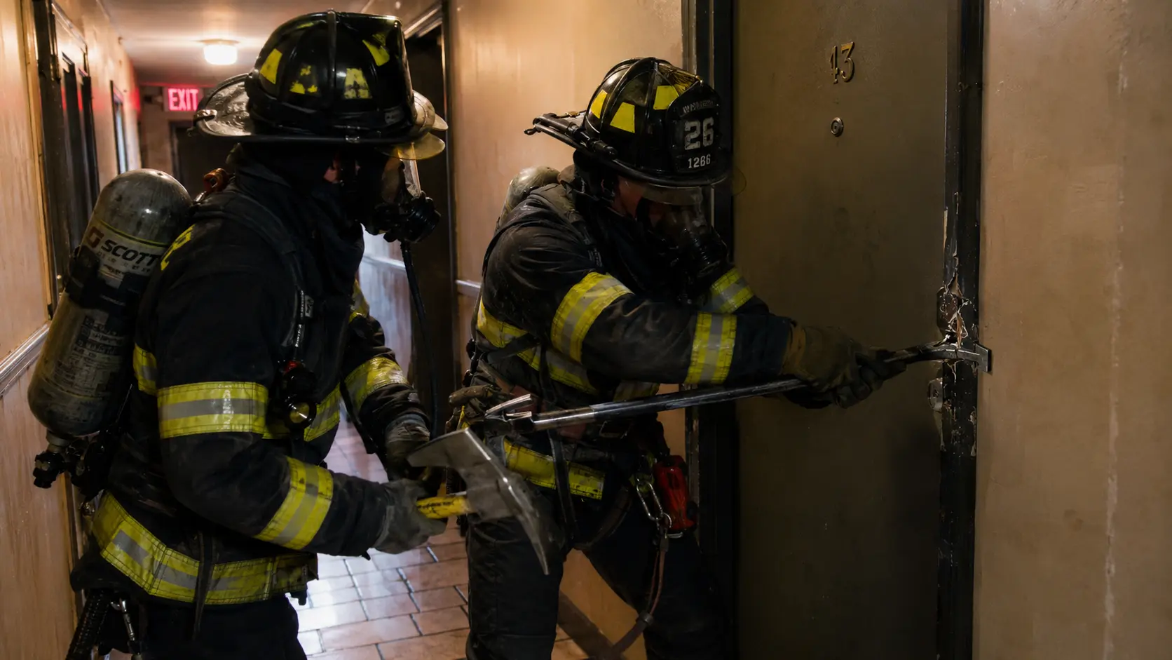 Photorealistic photo of two FDNY firefighters in full turnout gear performing forcible entry on a heavy steel apartment door in a New York City residential building corridor &mdash; one firefighter driving the fork end of a Halligan bar into the door frame gap above the top lock with a flathead axe in the set-and-hit technique, the second firefighter positioned to the side ready to take the door, dark hallway with exit sign visible at the end of the corridor, realistic NYC apartment building interior