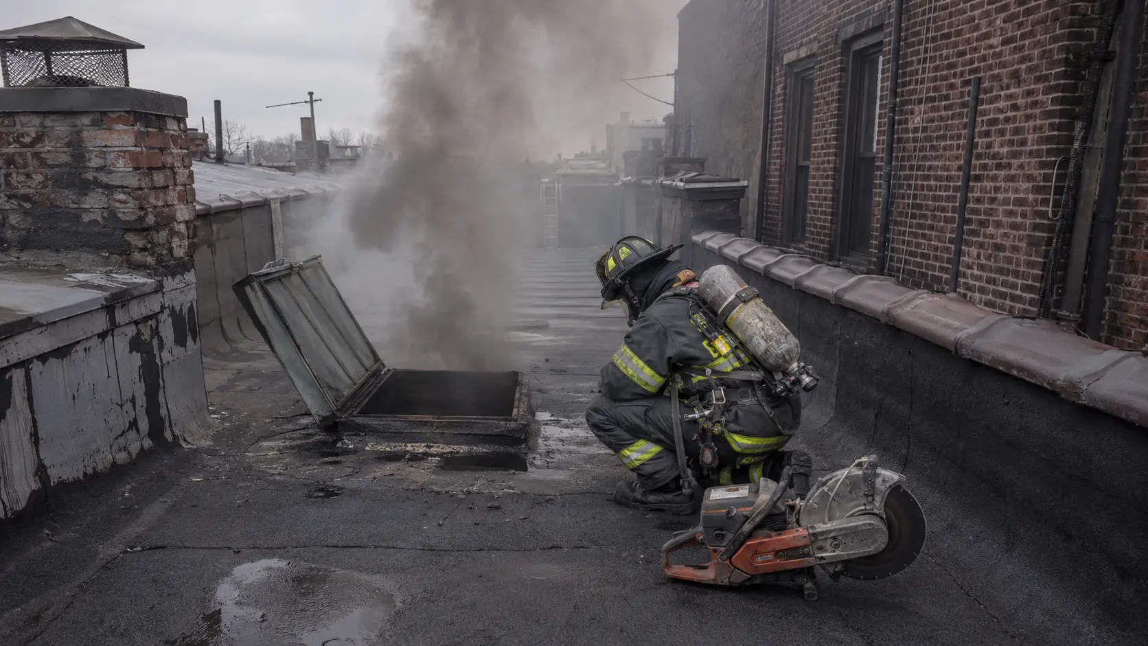 Photorealistic photo of an FDNY firefighter on the flat tar roof of a New York City brownstone during a working fire, using a rotary saw to cut an opening in the roof surface next to a skylight over the fire apartment below, heavy black smoke beginning to push from the cut opening and from the opened skylight frame, fire escape visible on the building facade behind the firefighter, other buildings close by on both sides &mdash; showing the roof ventilation operation that is unique to urban building stock