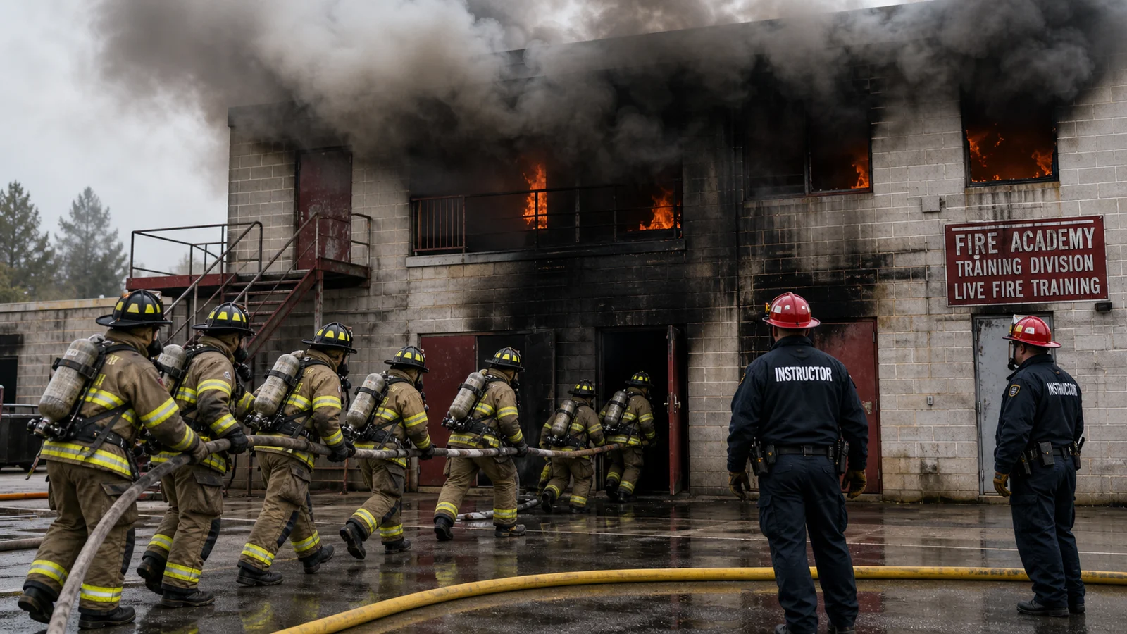 Photorealistic photo of fire academy recruits in full structural turnout gear and SCBAs conducting a live fire training evolution on a burn building &mdash; recruits advancing a charged hoseline toward a heavily smoking two-story training structure, instructors in red helmets observing from a safe distance, dramatic smoke and flame visible from the second floor windows, realistic high-drama fire training photography style, wide shot showing the teamwork and intensity of academy training