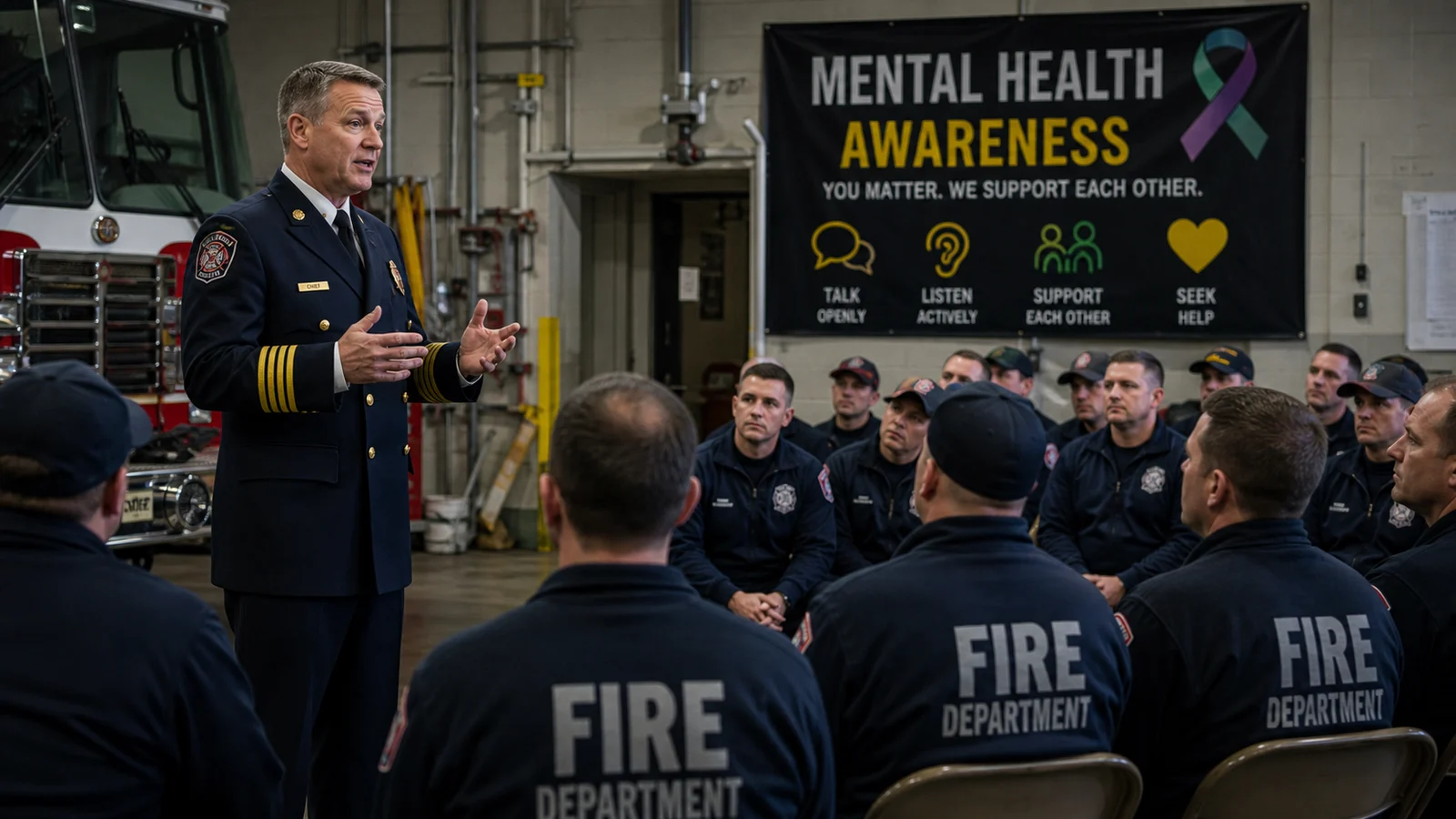 Photorealistic photo of a fire chief in dress uniform addressing the full department at a station briefing &mdash; speaking to a group of firefighters seated in the apparatus bay, with a mental health awareness banner visible on the wall behind them, the chief's body language open and engaged, the crew listening attentively, communicating leadership-driven mental health culture in the fire service, realistic documentary fire service photography style