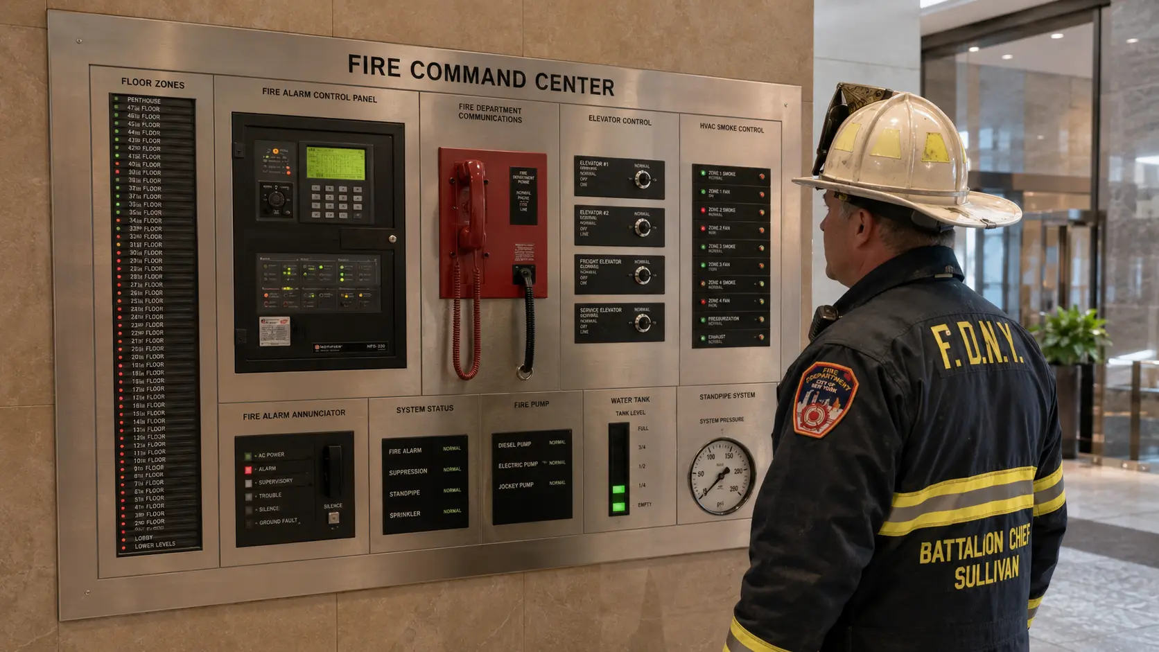Photorealistic photo of a high-rise building Fire Command Center panel in the building lobby &mdash; a large wall-mounted annunciator panel showing multiple floors with zone indicators, a fire alarm control panel with keypad, fire department phone station with handset, elevator control switches, HVAC smoke control system indicators, and a sprinkler status panel &mdash; an FDNY battalion chief in dress uniform standing at the panel with a radio, consulting the building system status during a fire operation