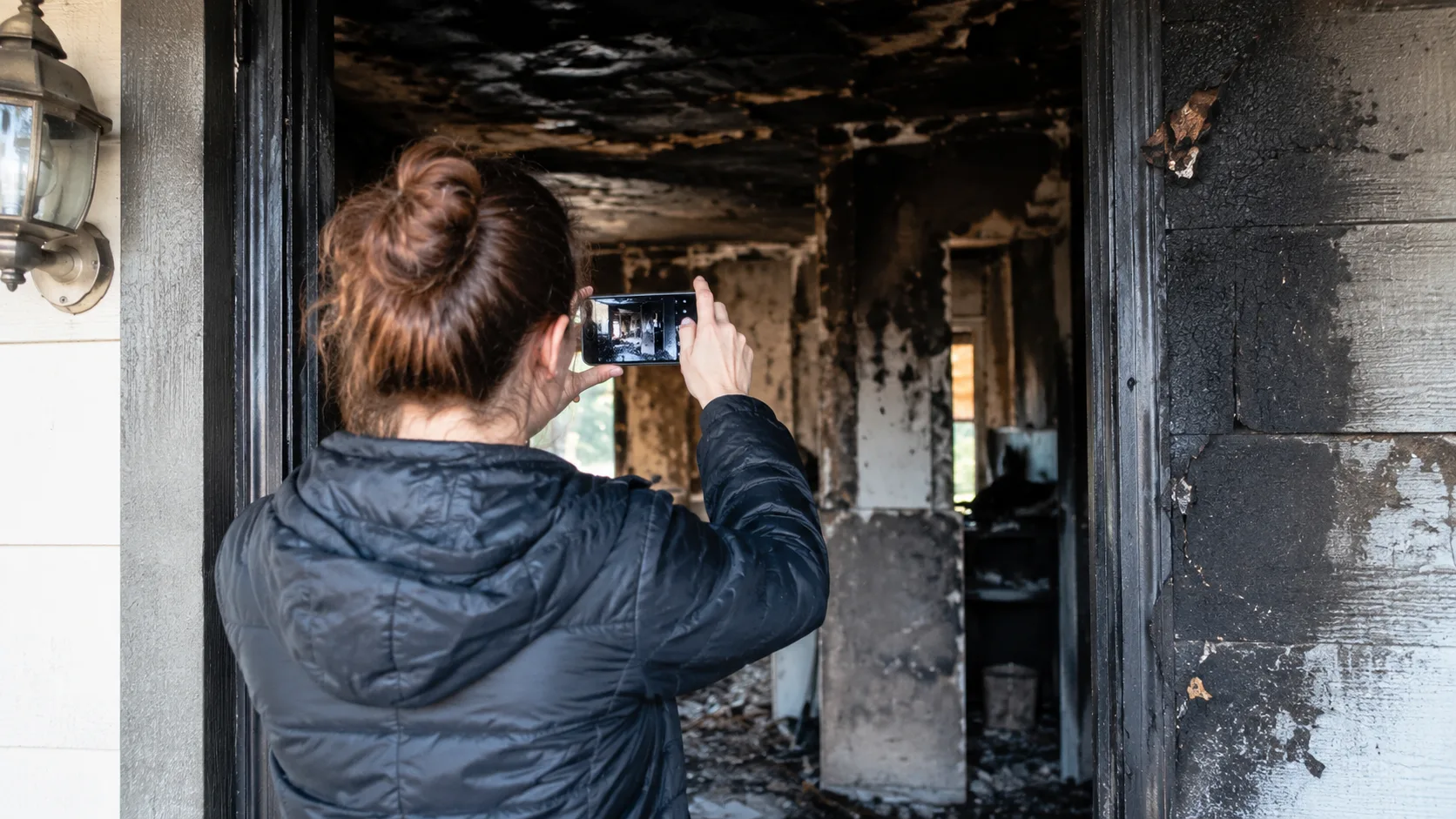 Person standing in front of a fire-damaged residential house exterior, holding a smartphone photographing the damage to the structure &mdash; documenting fire damage for insurance claim purposes before any debris removal or restoration begins, showing charred roof and smoke-blackened walls