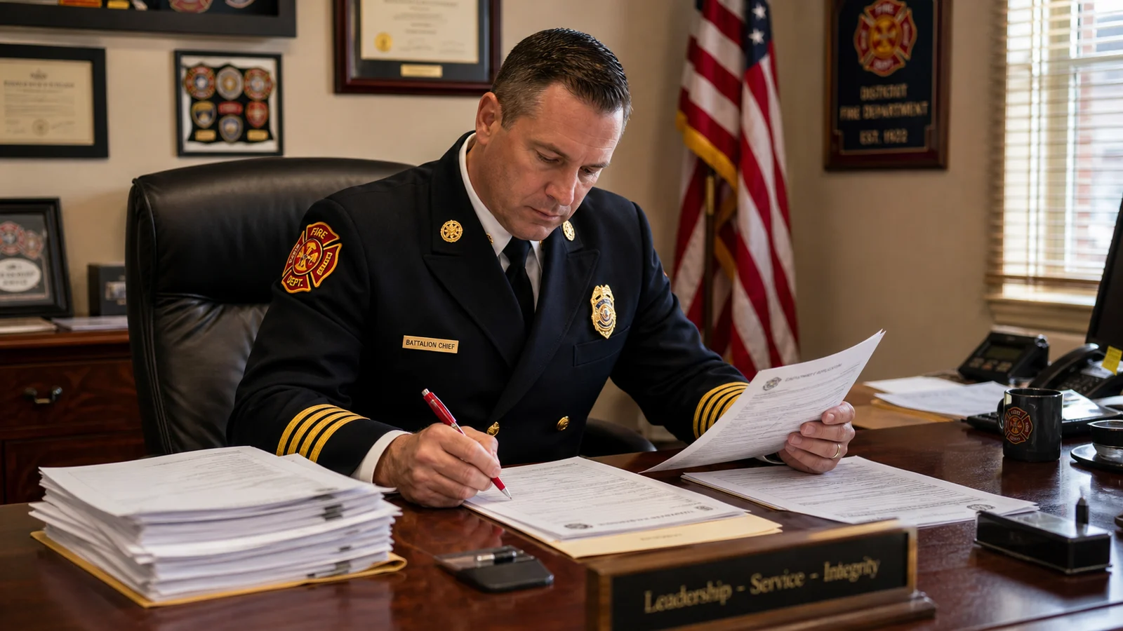 Photorealistic photo of a fire department hiring captain in a battalion chief uniform seated at a large wooden desk in a fire station office, reviewing a stack of printed job applications and resumes with a focused expression, red pen in hand making notes, American flag in background, warm natural light from office window, realistic editorial photography style, sharp detail on documents and uniform insignia