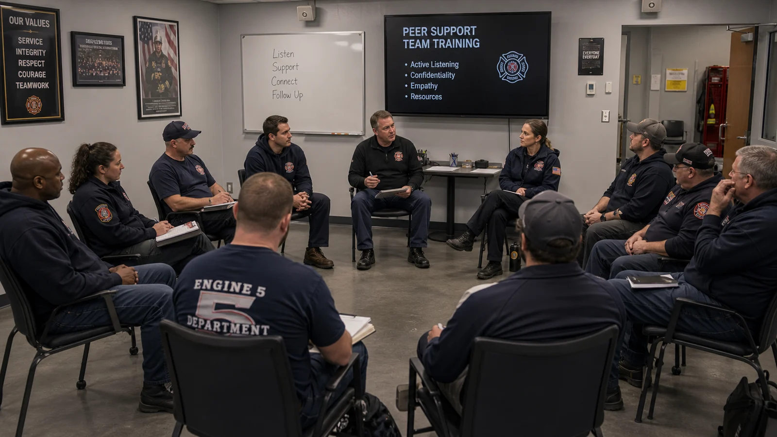 Photorealistic photo of a fire department peer support team training session &mdash; eight to ten firefighters of different ranks and backgrounds seated in a circle in a fire station meeting room, engaged in an active listening role-play exercise led by a facilitator at the front, notebooks and training materials visible, the scene communicating structured training and diverse team composition, realistic editorial documentary photography style, fire station training room environment