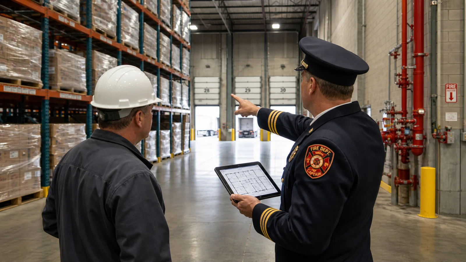 Photorealistic photo of a fire captain in uniform conducting a pre-incident planning walkthrough inside a large warehouse facility &mdash; the captain using a tablet to document the layout, noting rack storage heights, sprinkler system risers visible in the background, loading dock doors open at the far end, the captain pointing out a feature to a warehouse manager in a hard hat standing beside them, realistic editorial fire service photography style