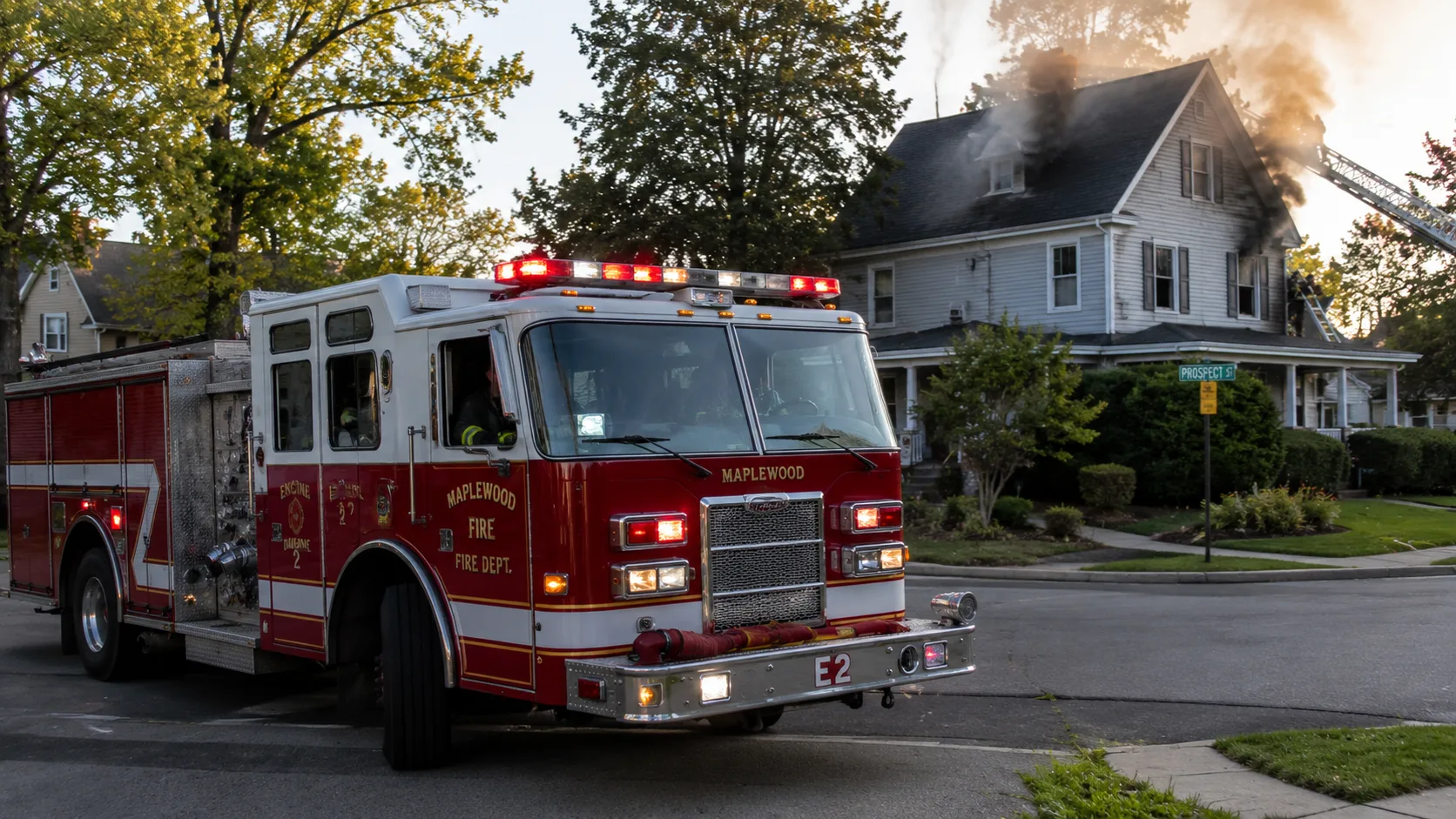 Fire engine arriving at a residential house fire with lights and siren active, smoke visible from the house in the background, firefighters beginning to dismount from the apparatus &mdash; representing the travel component of fire department response time from station to scene