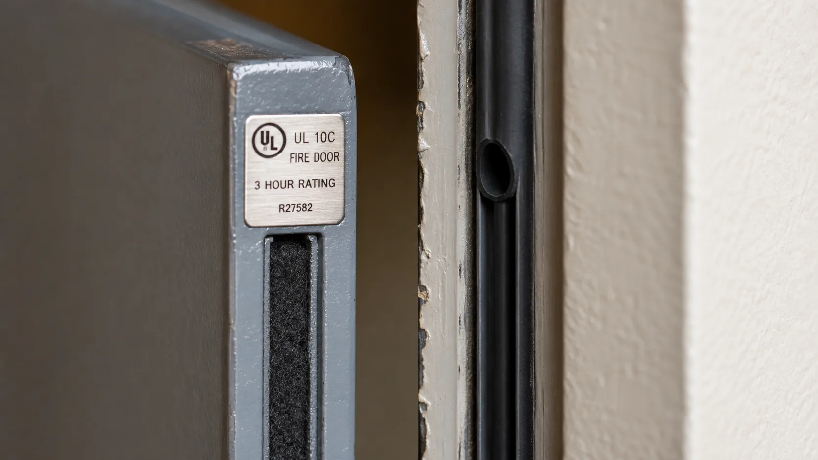 Close-up of a commercial fire door showing the UL fire rating label on the door edge, the overhead hydraulic door closer mechanism, the intumescent strip along the door edge visible as a thin dark band, and the smoke seal around the frame &mdash; all four components of a complete fire door assembly that together provide the rated fire resistance