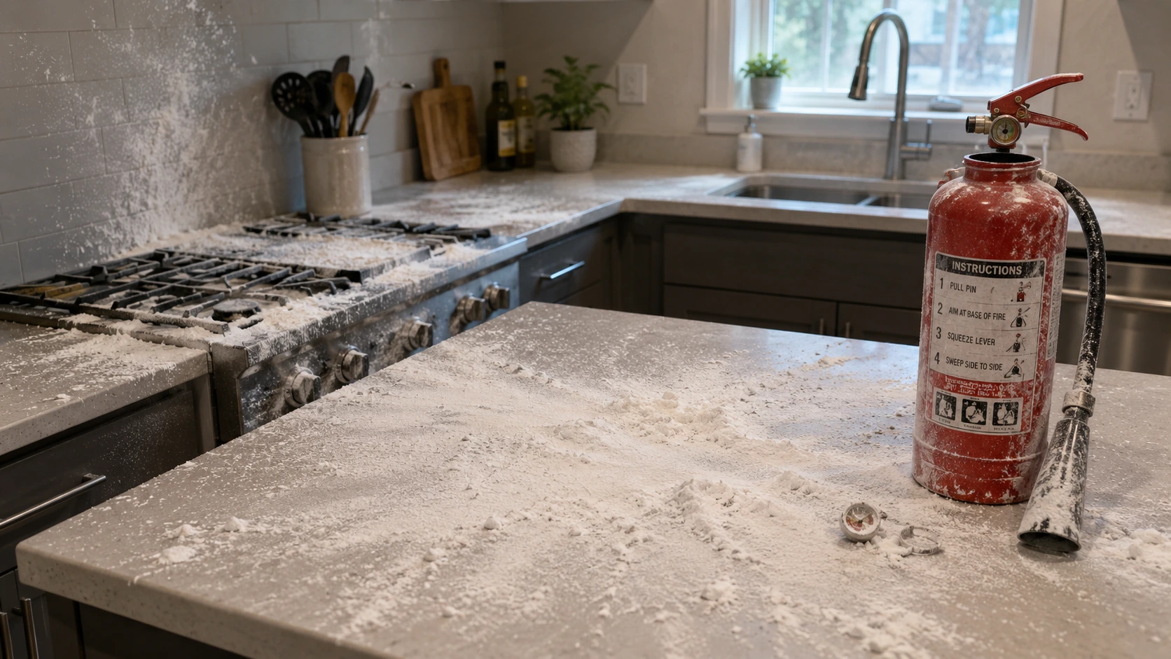 Kitchen surface covered in white dry chemical powder after fire extinguisher use showing cleanup required and empty discharged extinguisher on counter beside it